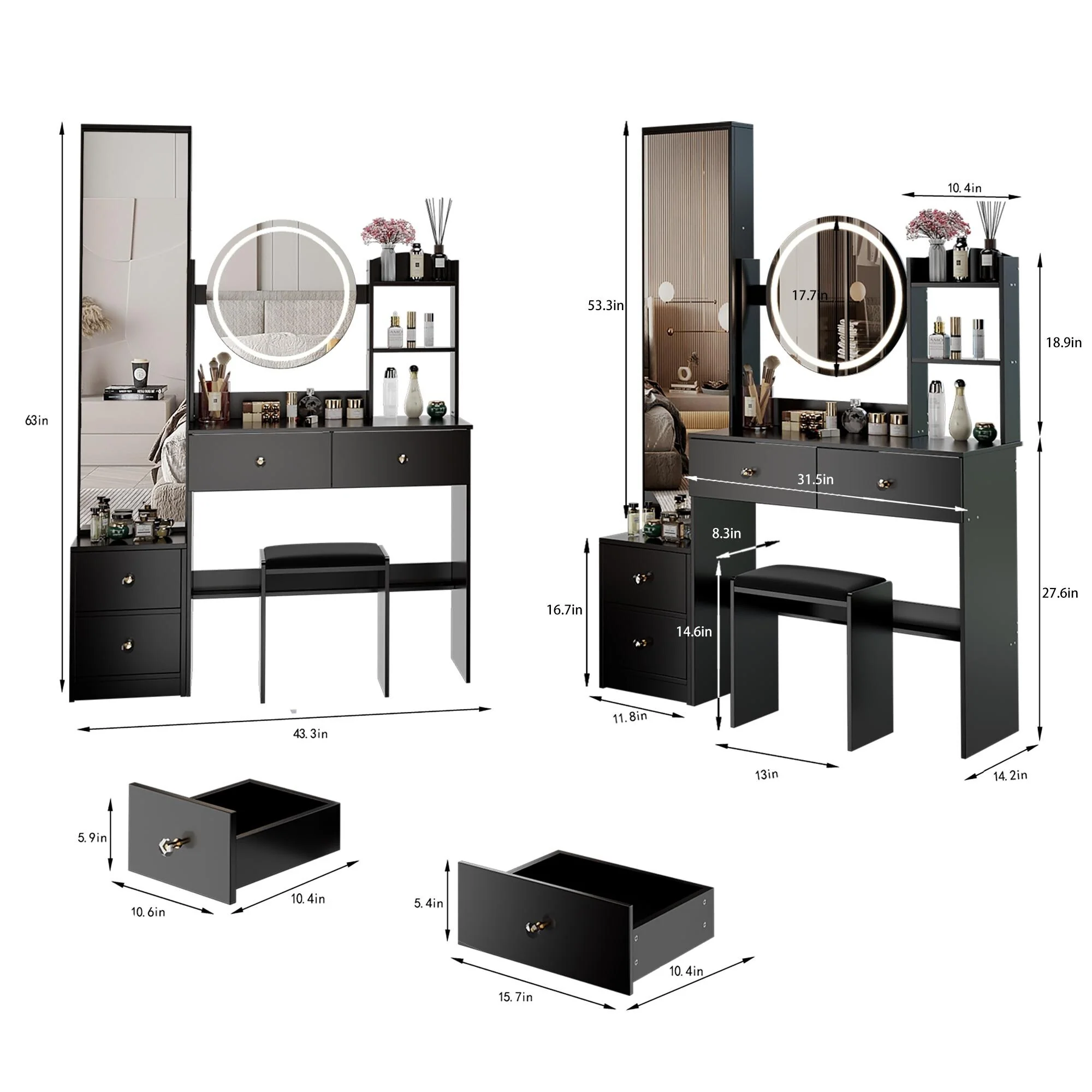 Round Mirror LED Vanity Table, Touch Control Makeup Cabinet, Vanity Set with Full Body Mirror Cabinet & Cushioned Stool
