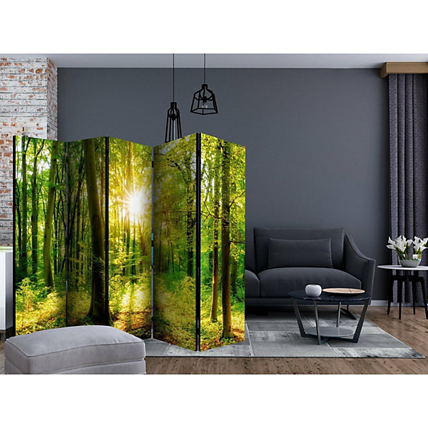 Paravent 5 volets ambiance forêt lumineuse et zen 225 x 172 cm Orange et Gris