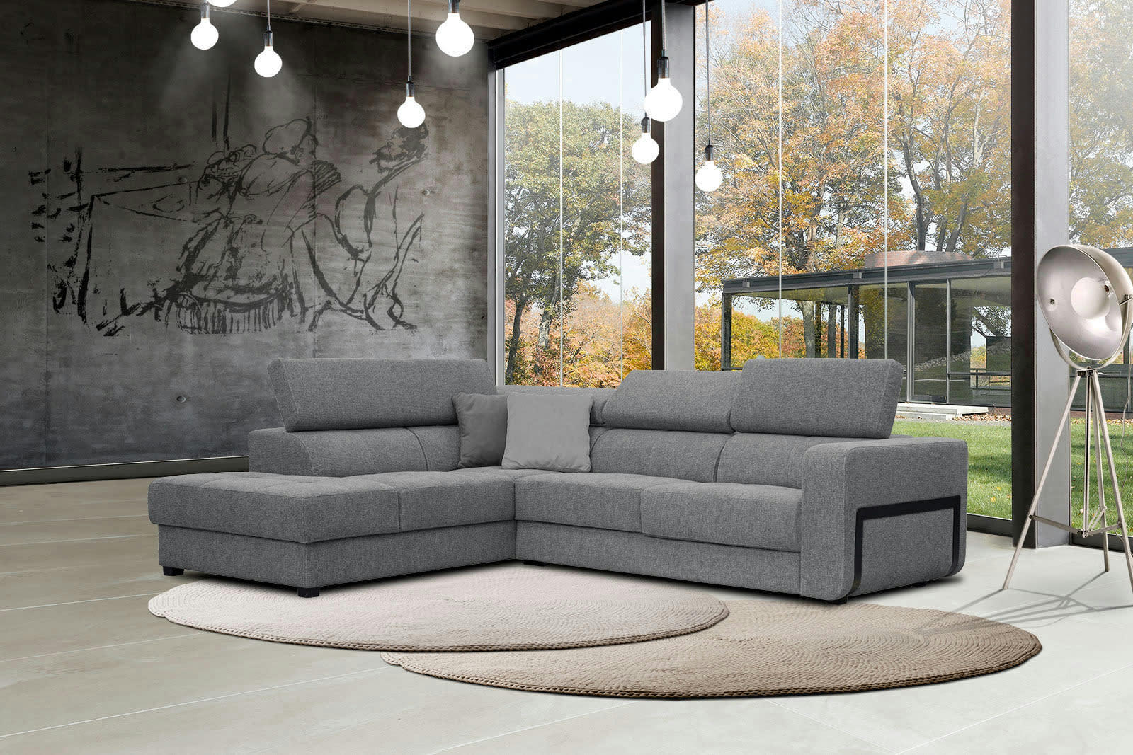 BERGO - Canapé d'angle gauche 5 places en tissu gris avec coussins déco