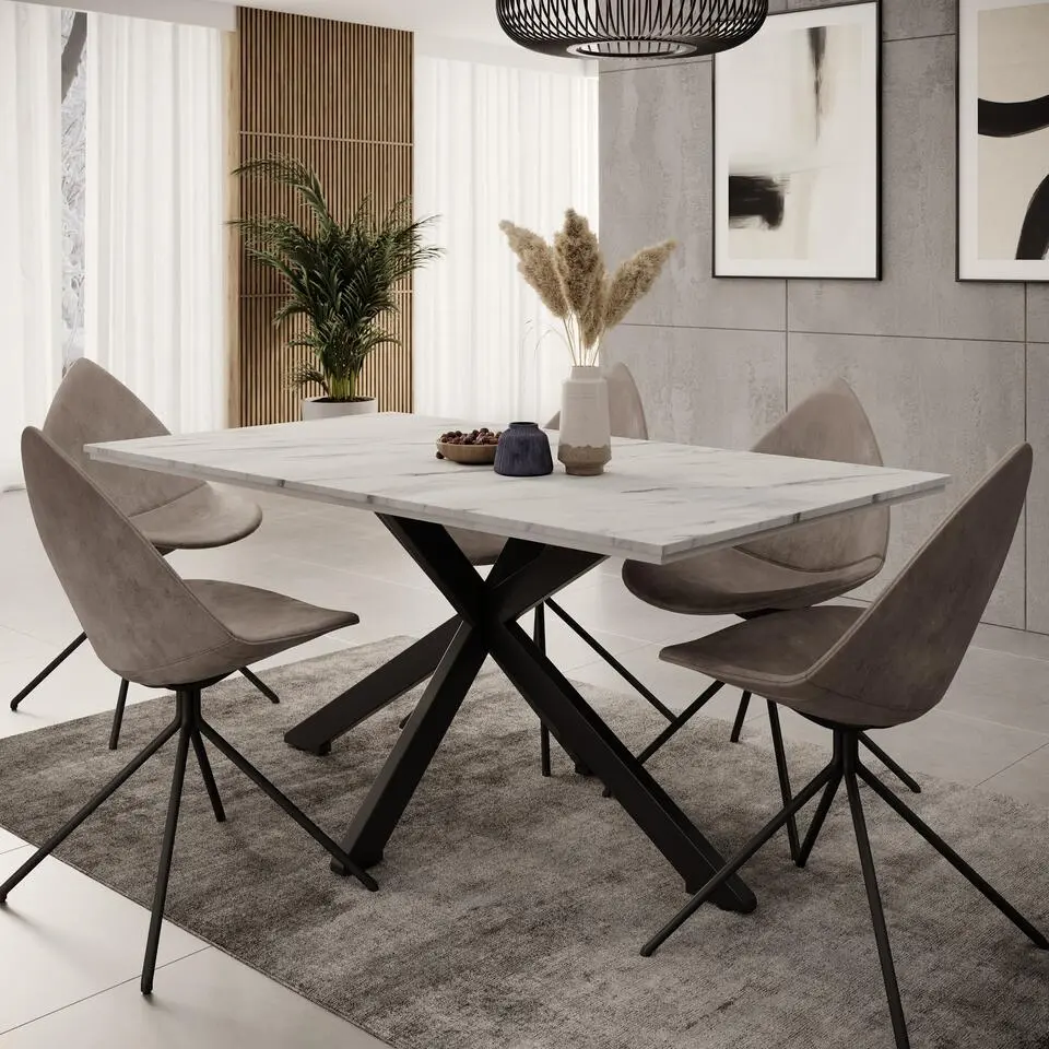 Meubella - Eetkamertafel Wabe - Wit marmerlook - 160 cm