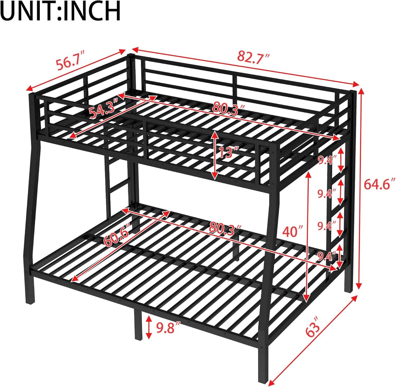Bellemave Metal Full XL Over Queen Bunk Bed, Heavy-Duty Bunkbed Frame with Guardrails & 2 Ladders, Noise-Free, 9.8 Under-Bed Storage Full Over Queen bunk Bed, No Box Spring Needed, Black