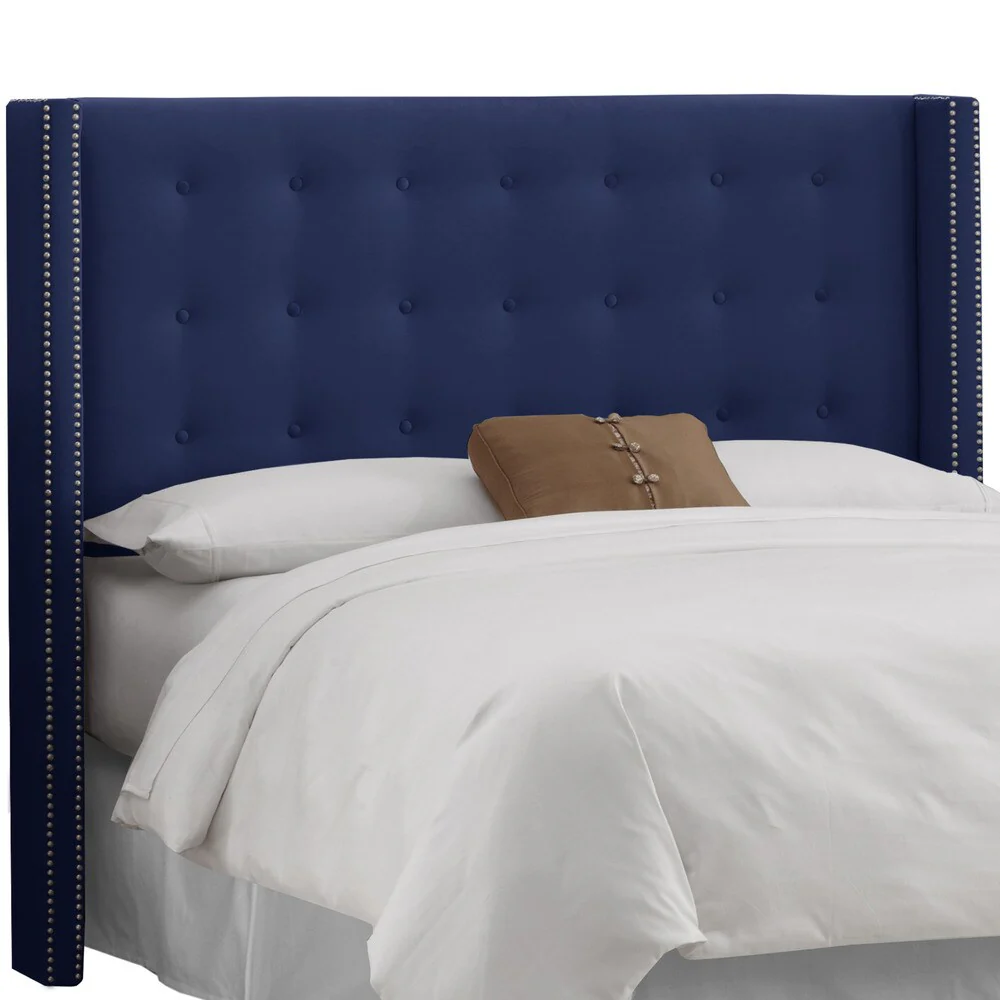 Skyline Furniture Navy Velvet Nail Button Tufted Wingback Headboard