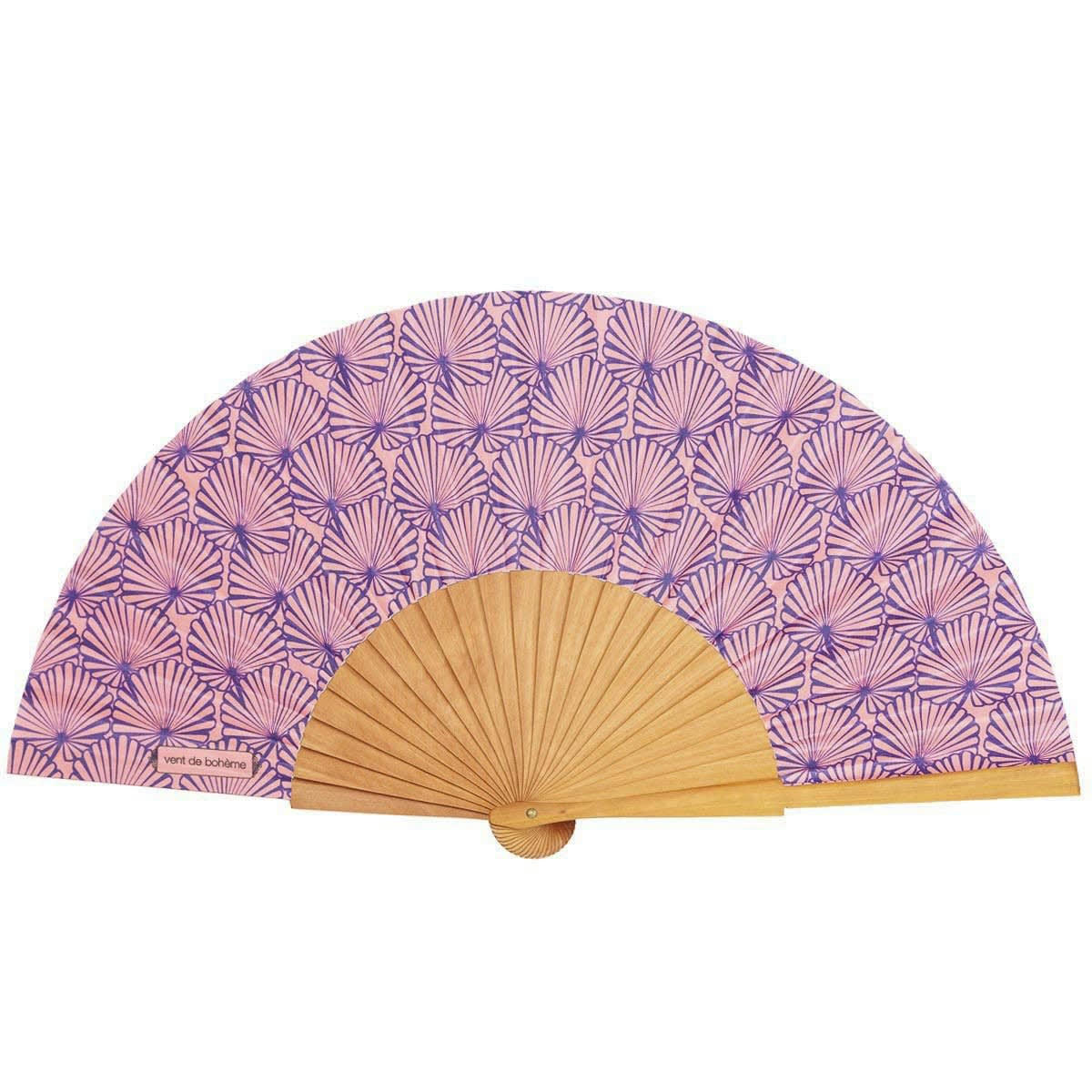 TROPICAL - Éventail en bois de merisier et coton imprimé graphique rose
