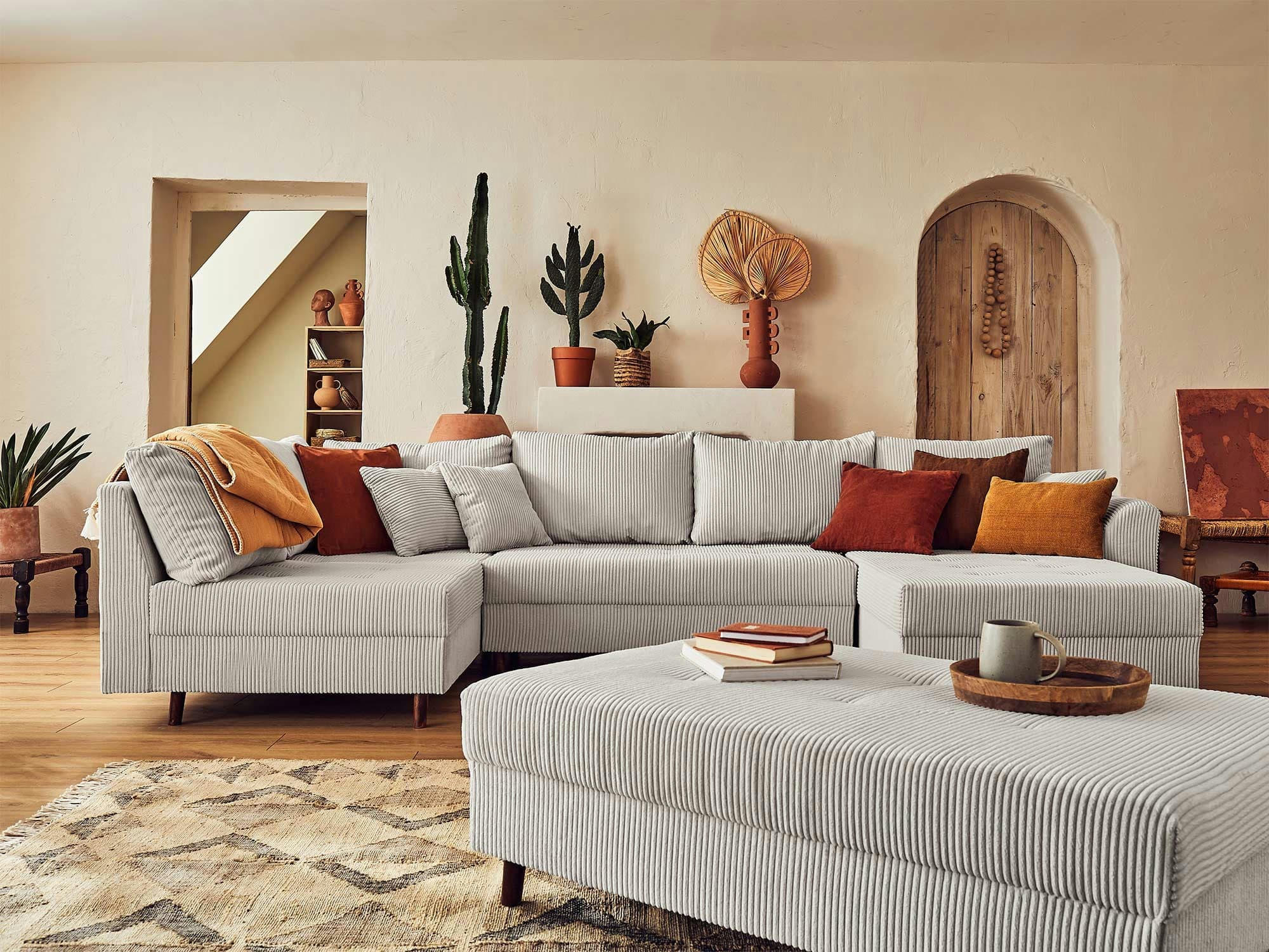 RUNE - Canapé d'angle gauche convertible 7 places en velours côtelé gris