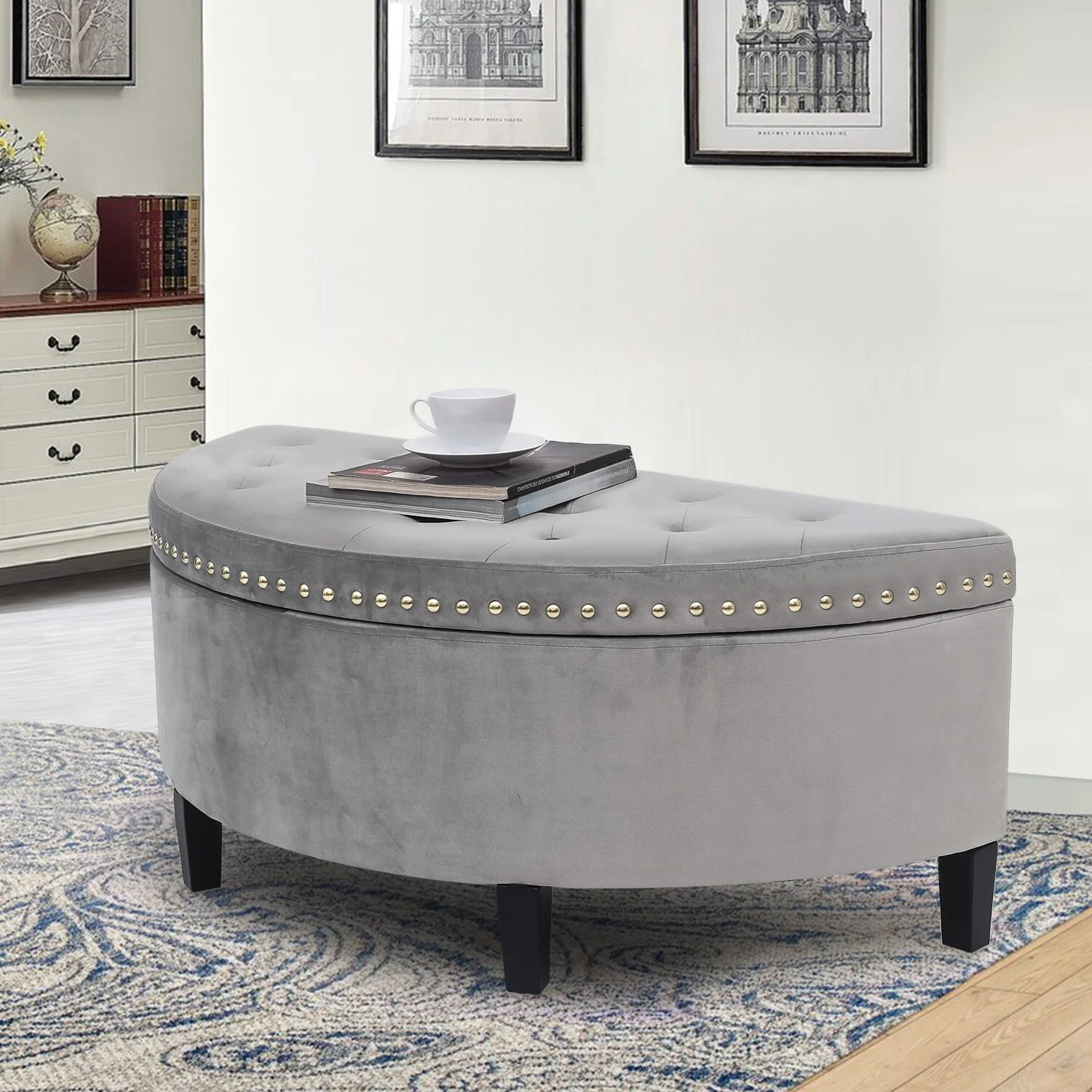 Adeco Half Moon Tufted Storage Ottoman Bench