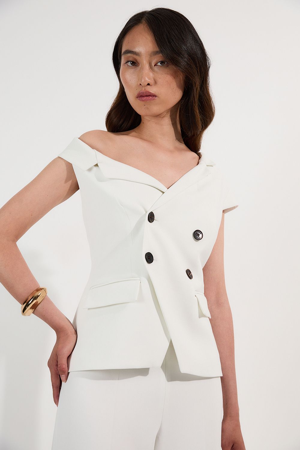 KarenMillen Compact Stretch Asymmetric Collar Wide Leg Tailored Jumpsuit