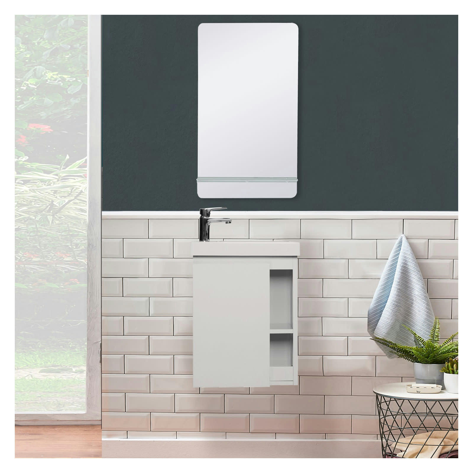 HAMPTON - Meuble lave-mains  Blanc avec vasque blanche + miroir