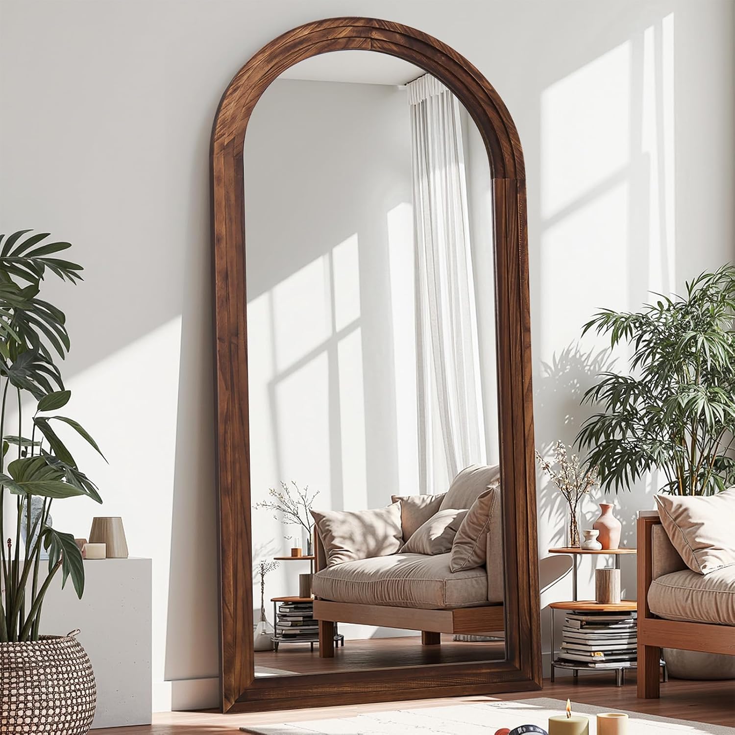 Antok Floor Mirror, Wood Full Length Mirror Wooden Full Body Mirror with Stand, Hanging Mounted for Living Room Cloakroom, 71×32, Walnut, Arched Style