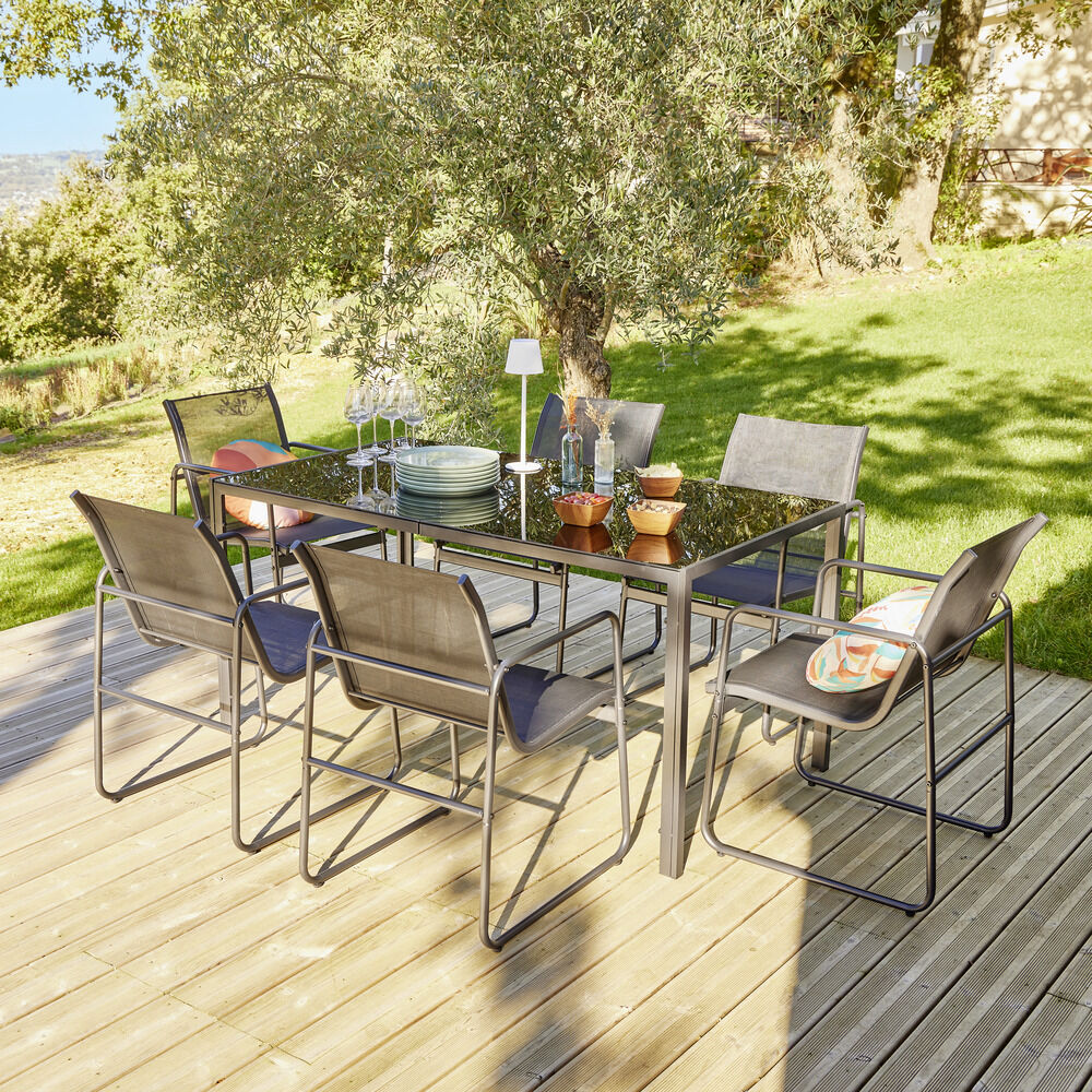 Table de jardin avec chaises x6 Mathis acier verre textilène noir 150x80xH73cm