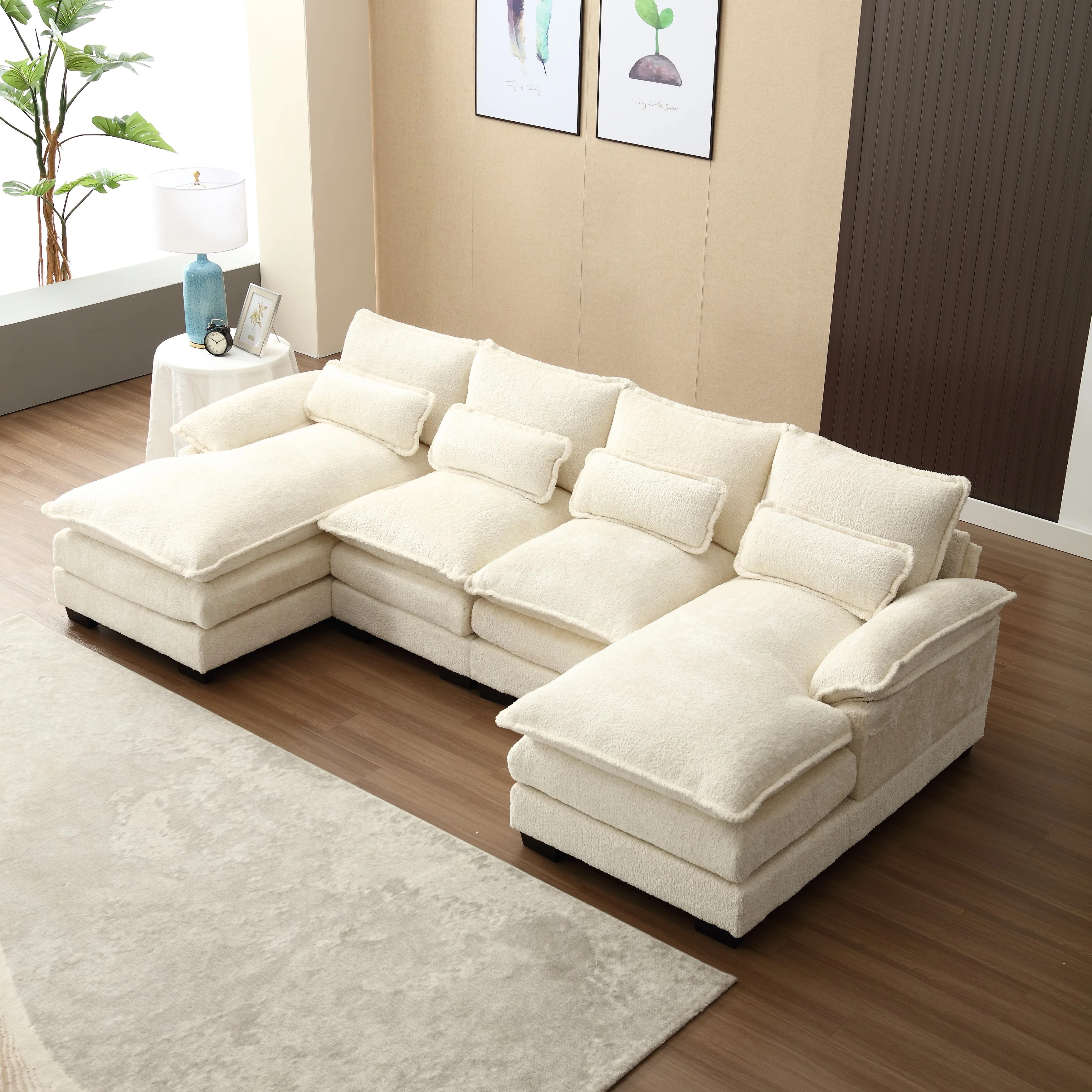 Beige 110.63'' Modern U-Shaped Chenille 4-Seat Sectional Sofa with Double Cushions, Two Chaise Lounges, and High-Density Foam