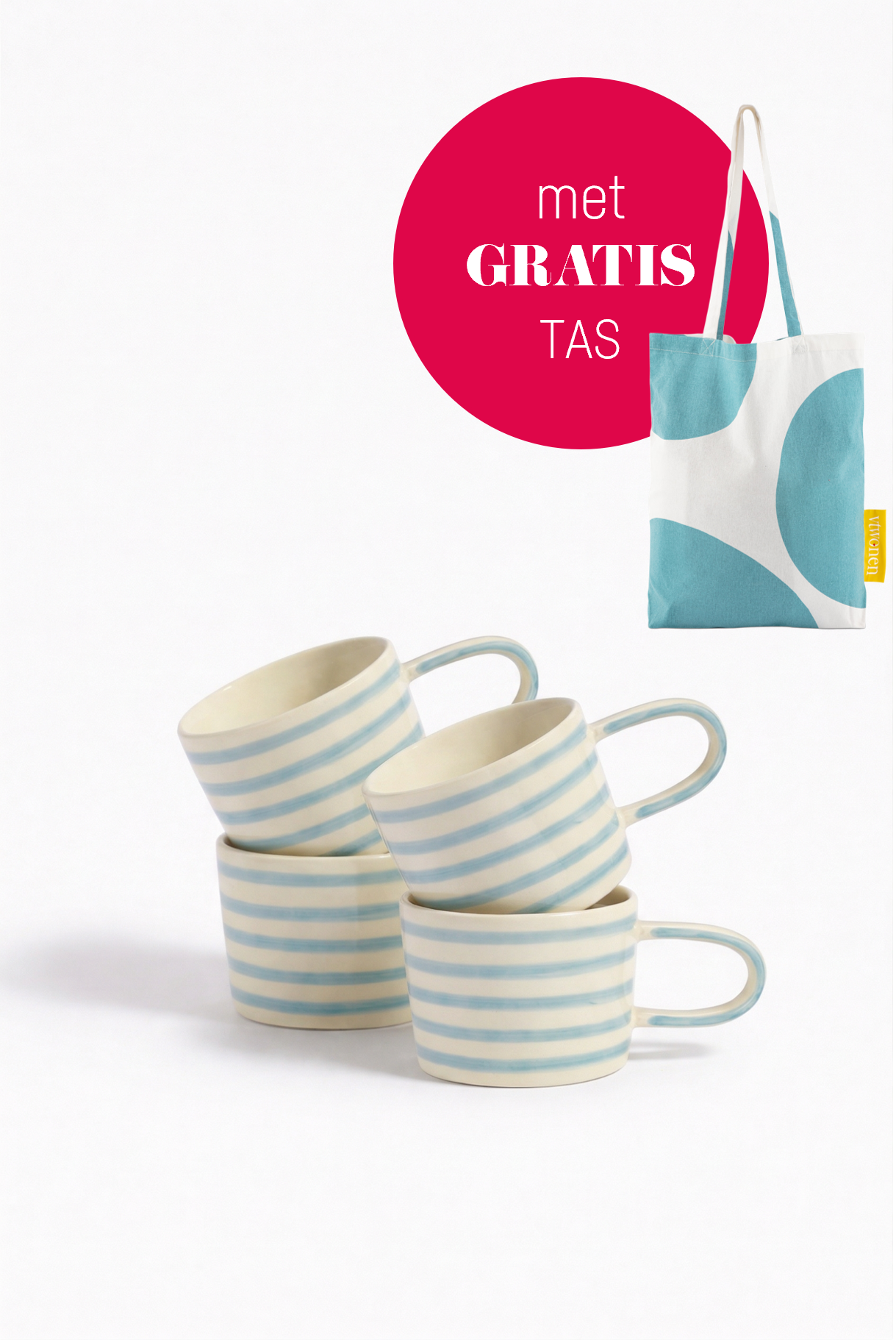 vtwonen - Mokken - Strepen - Blauw - Keramiek - 350ml - Set van 4