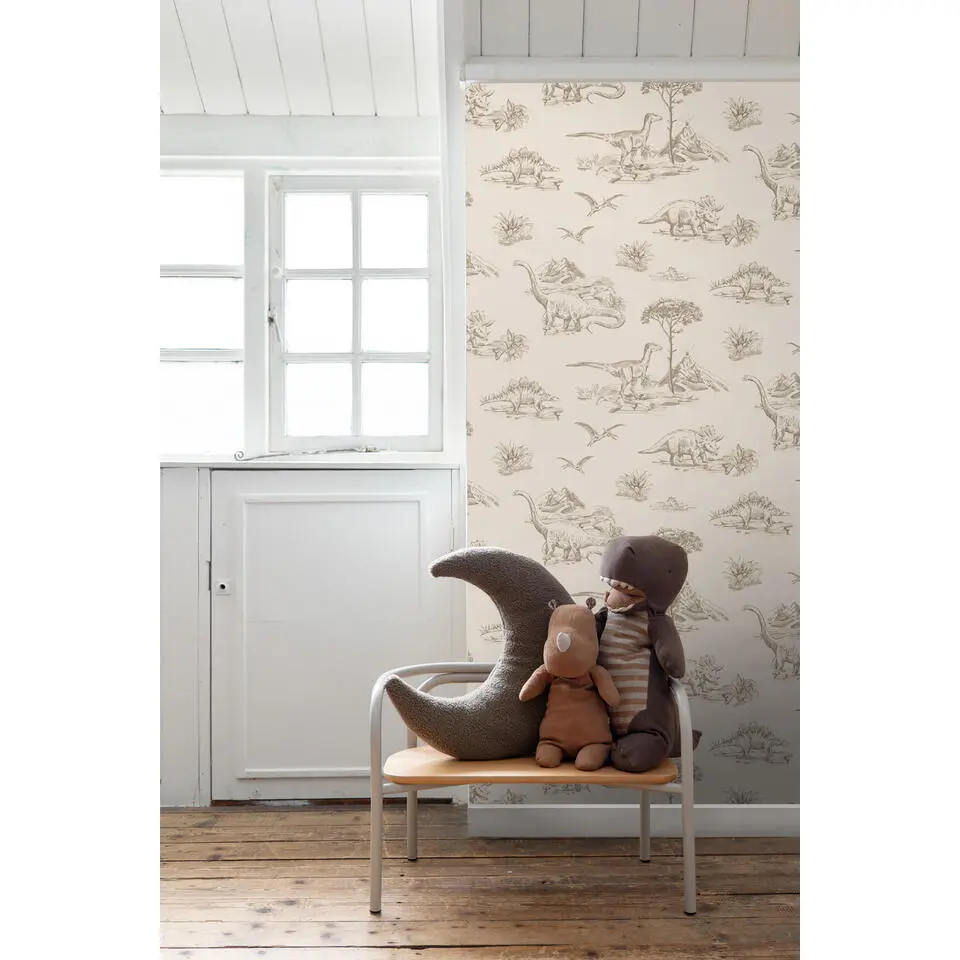 ESTAhome behang dinosaurussen beige - 53 cm x 10.05 m