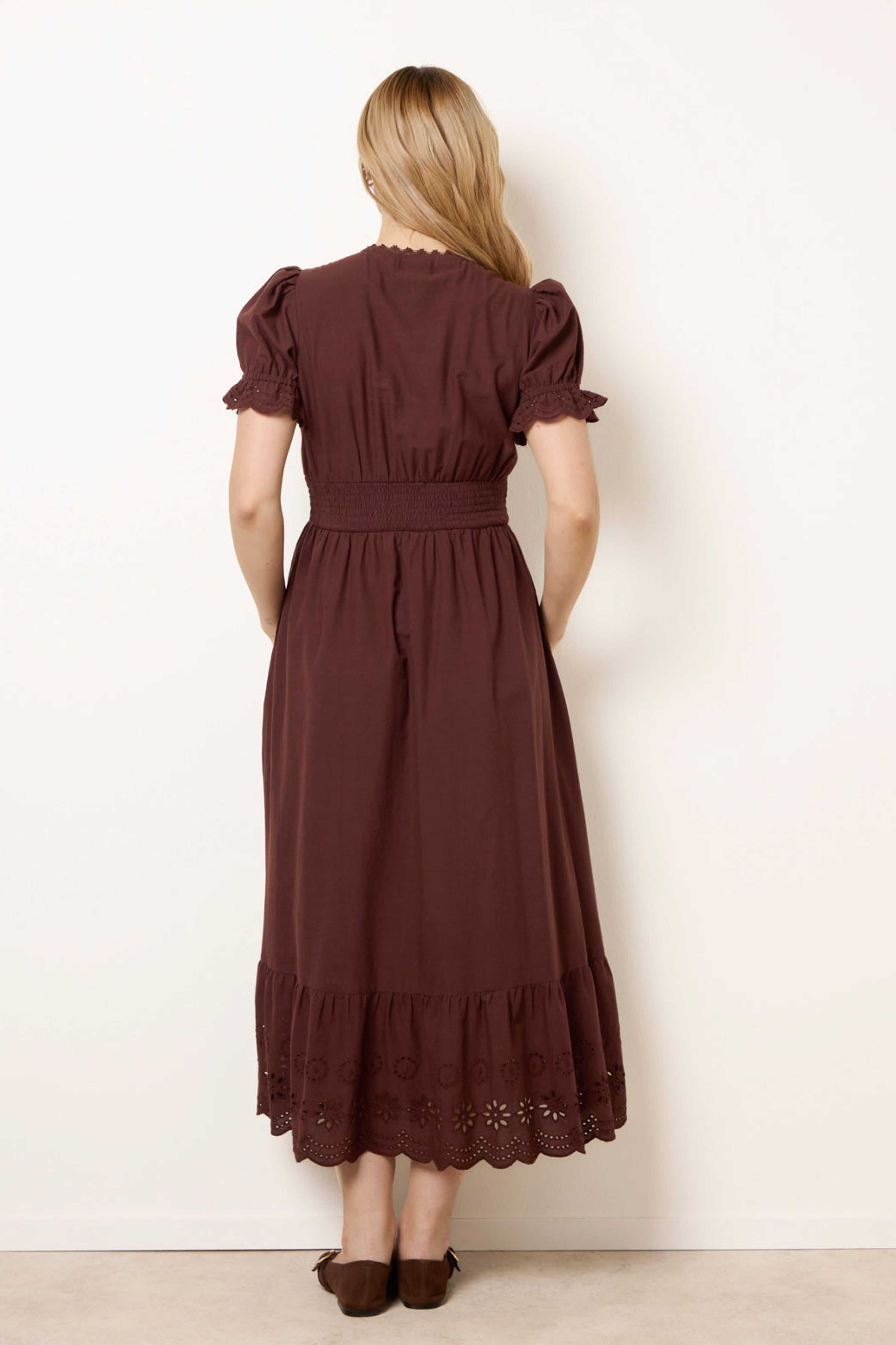 Blue Vanilla Brown Embroidery Detail V-Neck Maxi Dress