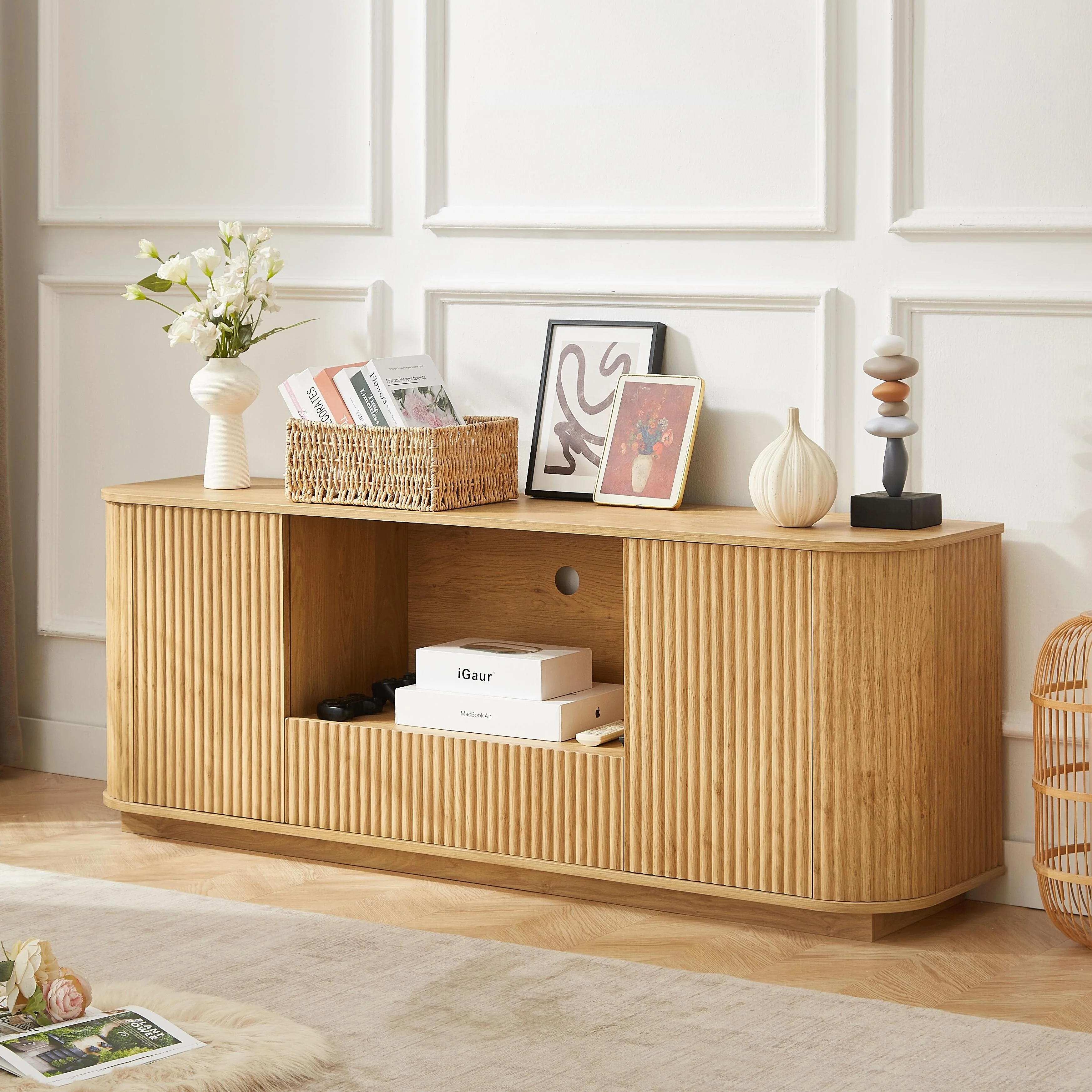 64-Inch Wavy TV Stand, Rounded Sideboard, Storage Cabinet, Wooden Vertical Stripe Cabinet