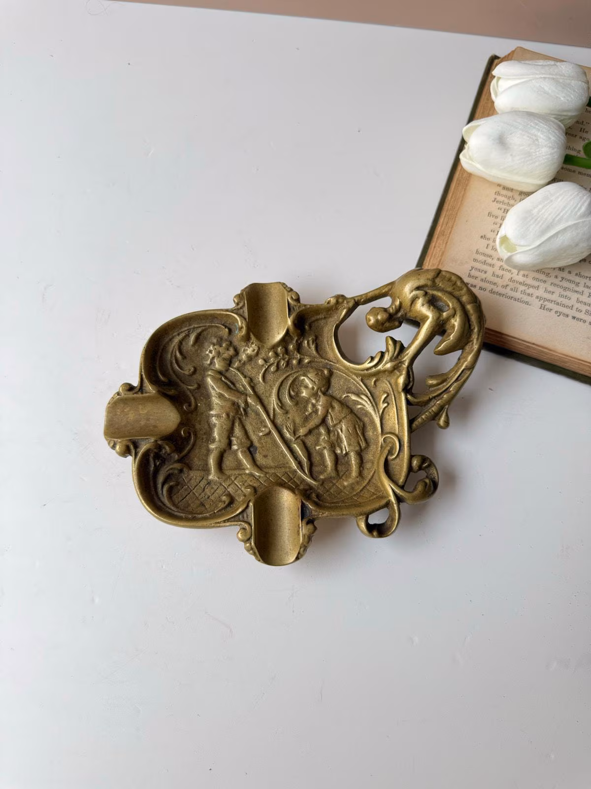 Vintage Heavy Solid Brass Ornate Dragon & Griffin Ashtray Trinket Dish | Embossed | Eclectic Decor