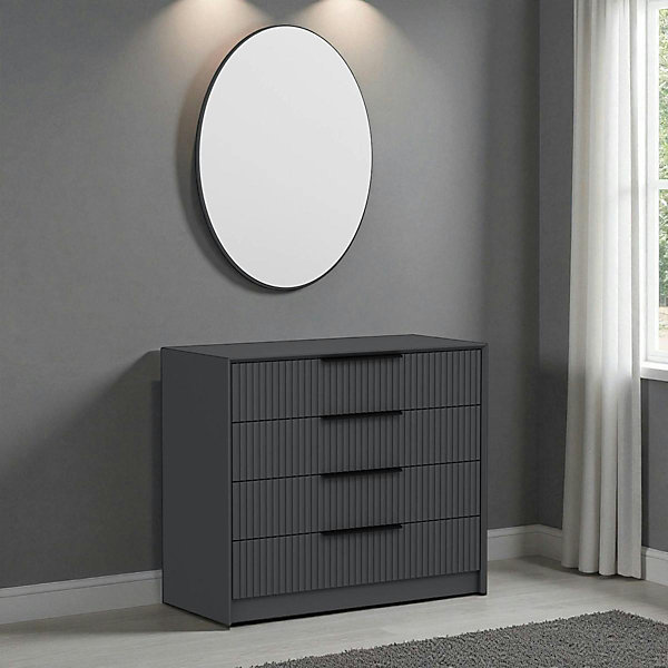 Commode moderne grise 4 tiroirs, miroir assorti BYRON
