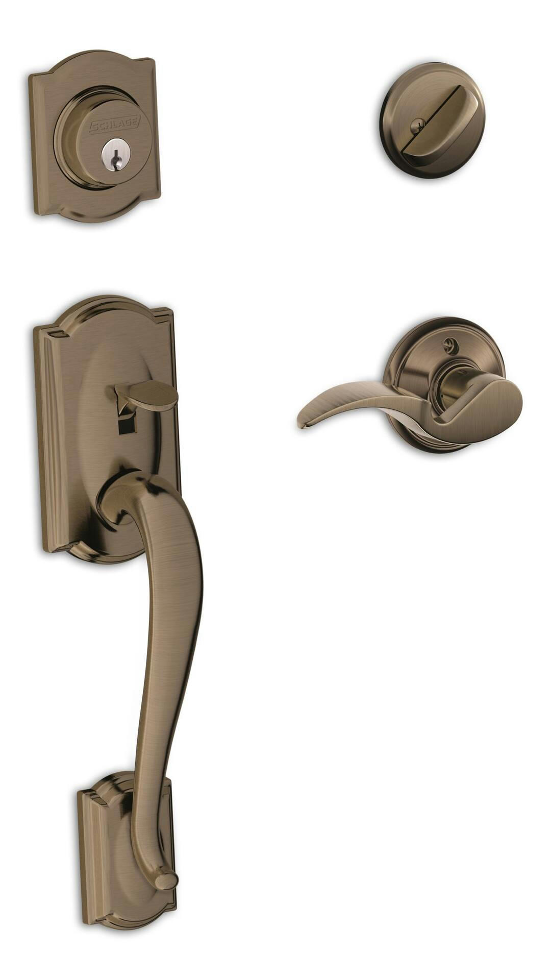 Schlage Camelot Grip Handle Set & Deadbolt Door Lock Set with Avanti Lever, Antique Pewter