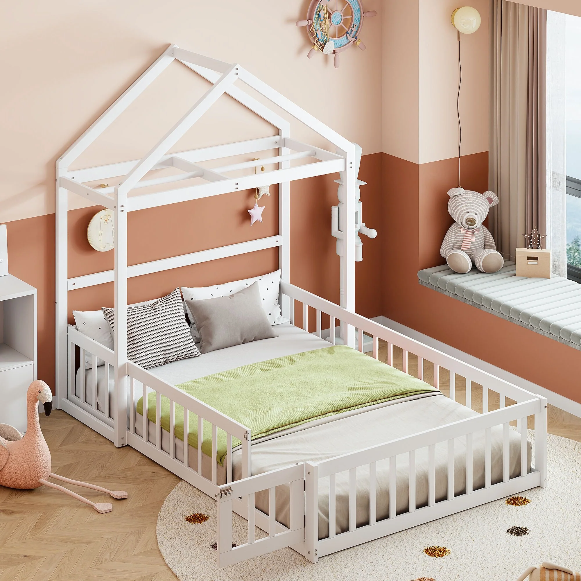 Full Size Wooden Floor Bed with Fence and Detachable Headboard for Kids