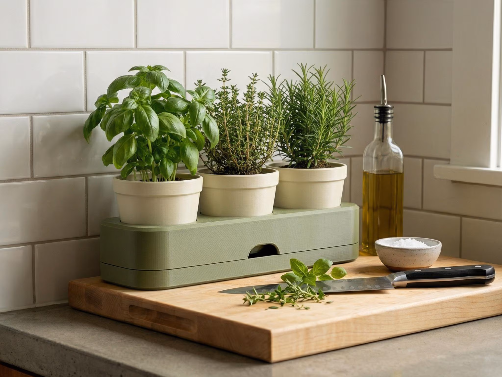 Self Watering Herb Tray with Drawer| 3 Pot Indoor Planter Holder for Kitchen Counter Garden | Starter Plant Propagation Station