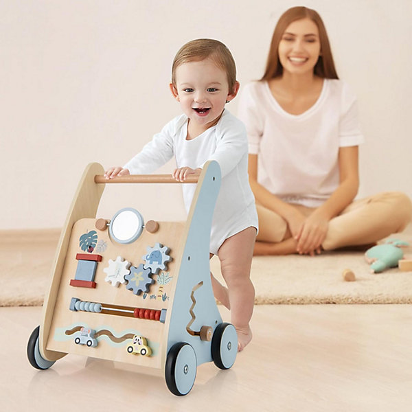 Chariot de Marche Bébé en Bois, Trotteur d'Activités éducatives avec Blocs Interactifs, Rangement