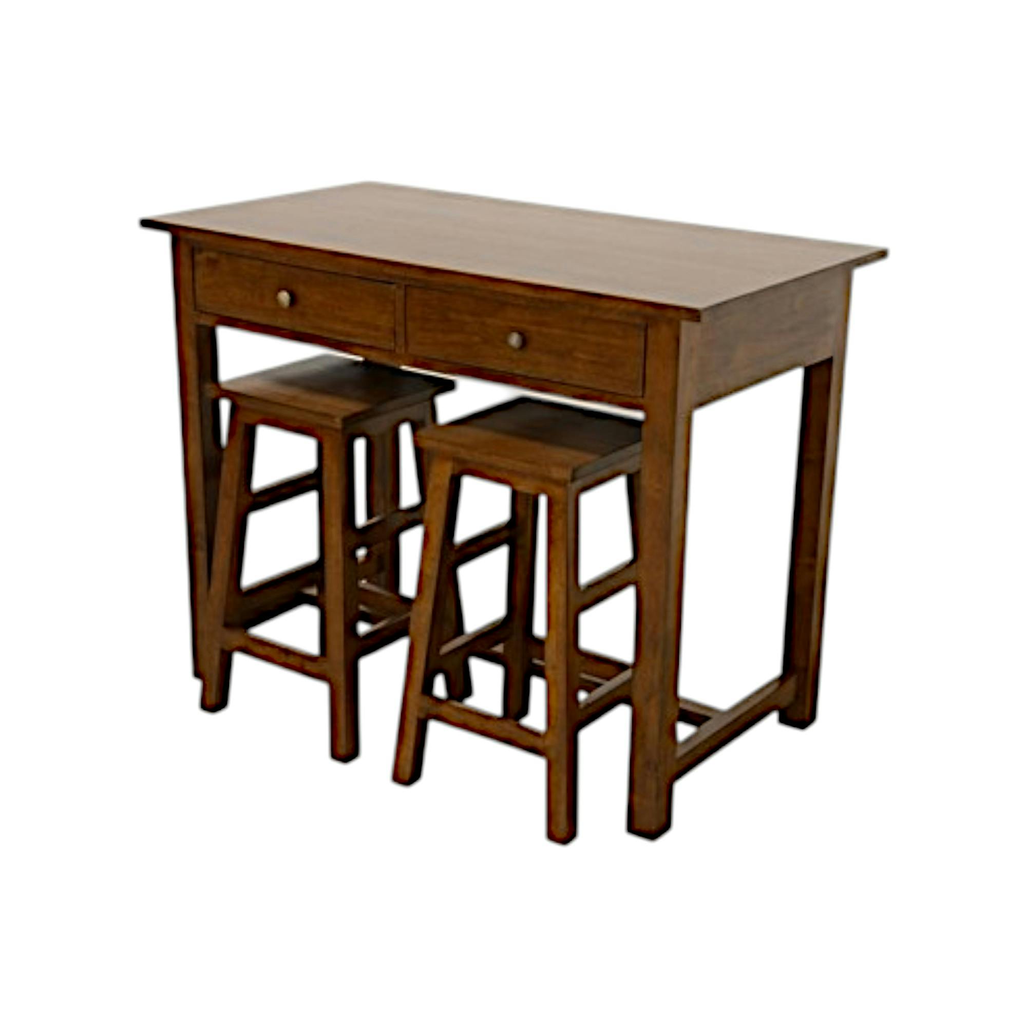 Table de Bar Hévéa 110x60x85cm avec 2 tiroirs   2 Tabourets 40x40x60cm TRADITION