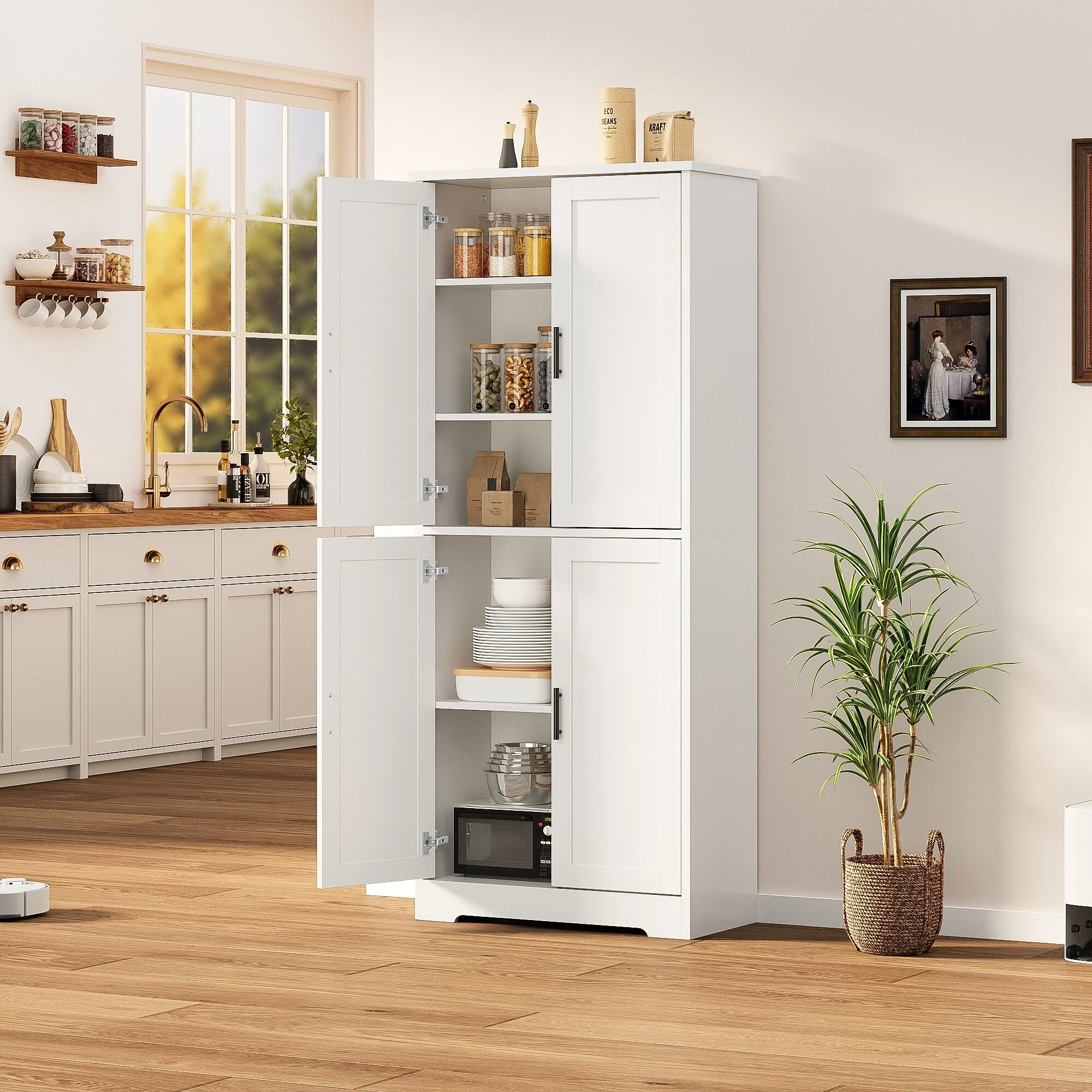 70'' Tall Kitchen Pantry Cabinet, Freestanding Storage Cabinet with 4 Doors and Adjustable Shelves
