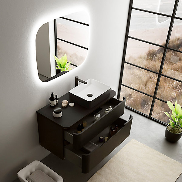 Ensemble de salle de bains L.104 cm meuble sous vasque version droite   plan de toilette noir mat, Alba