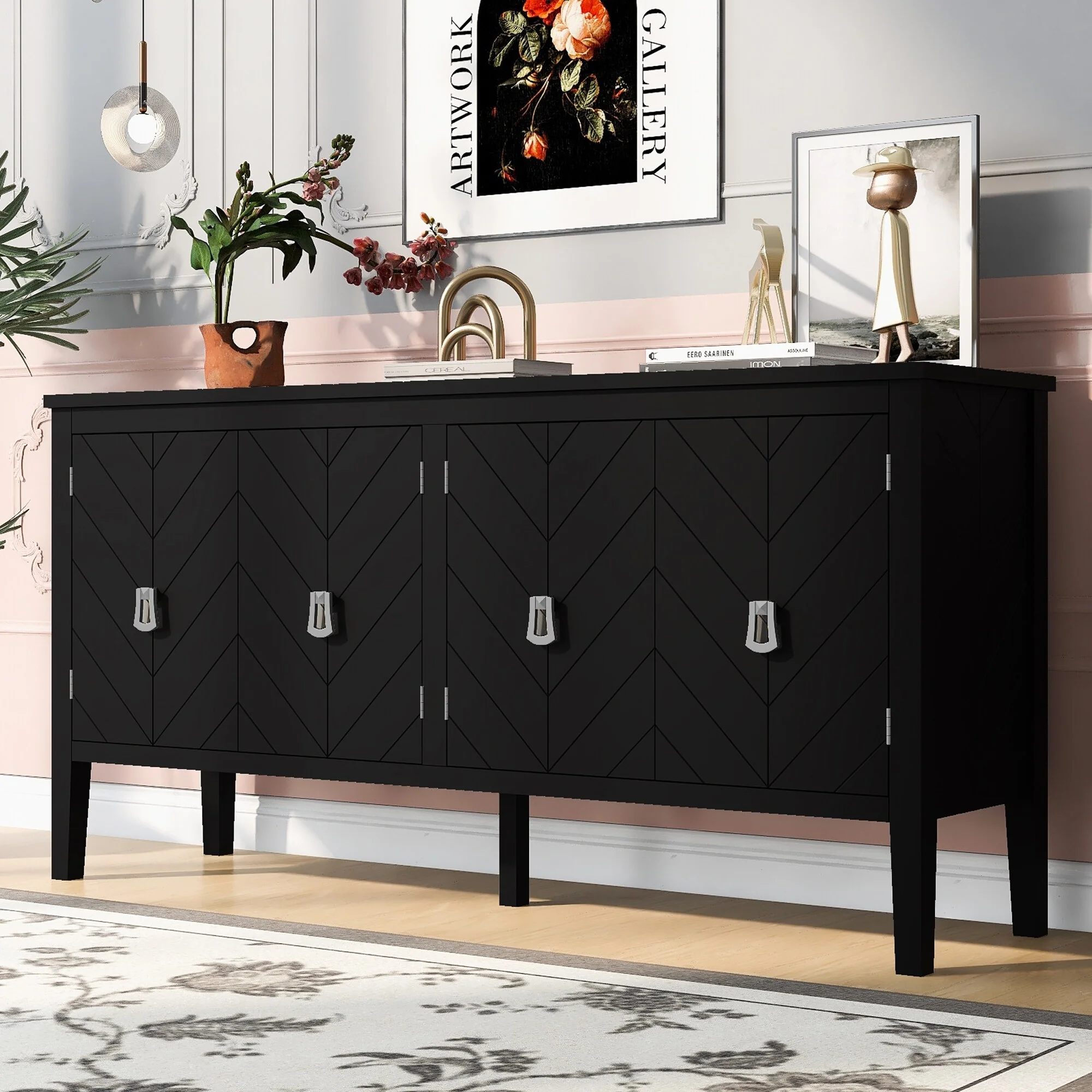 4-Door Sideboard Sideboard with Geometric Line Patterns Door & Vintage Metal Handles, Storage Cabinet wAdjustable Shelves