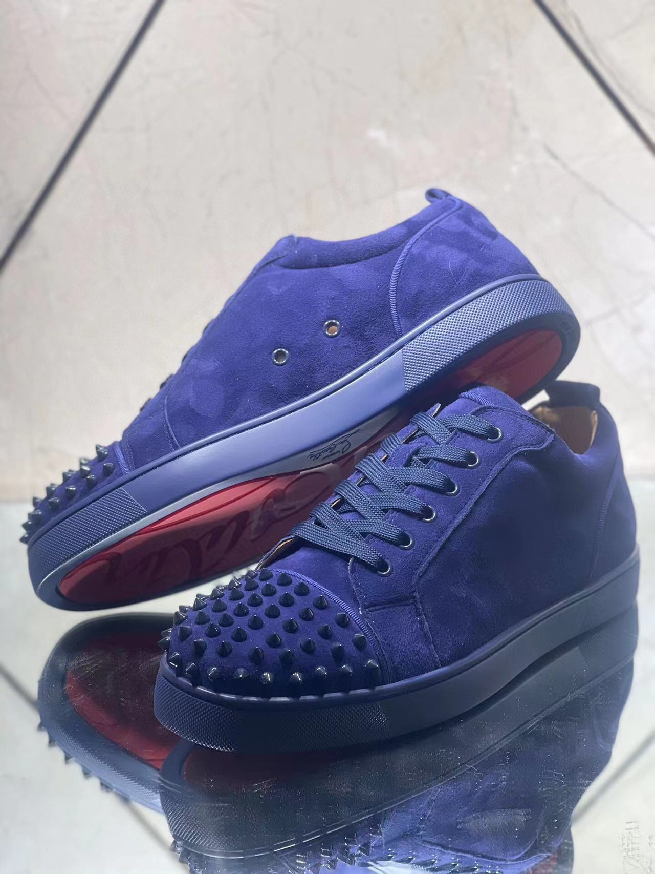 Christian Louboutin Louis Junior Spikes Flat Suede Sneakers Blue