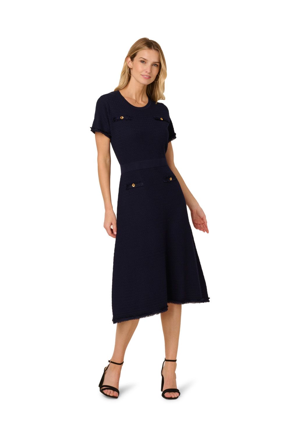 Adrianna Papell Waffle Textured Fit And Flare Midi Sweater With Mock Pockets
