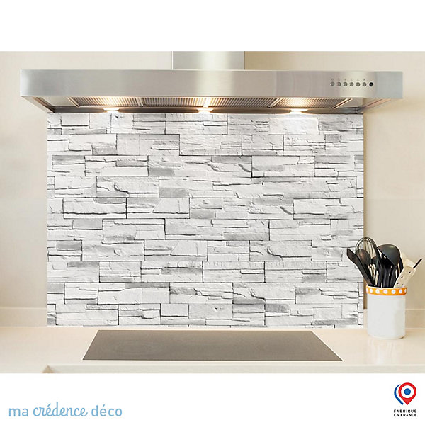 Crédence cuisine fond de hotte Mur pierre douce 2 - Verre trempé - L 90 cm x H 50 cm - MaCrédenceDéco