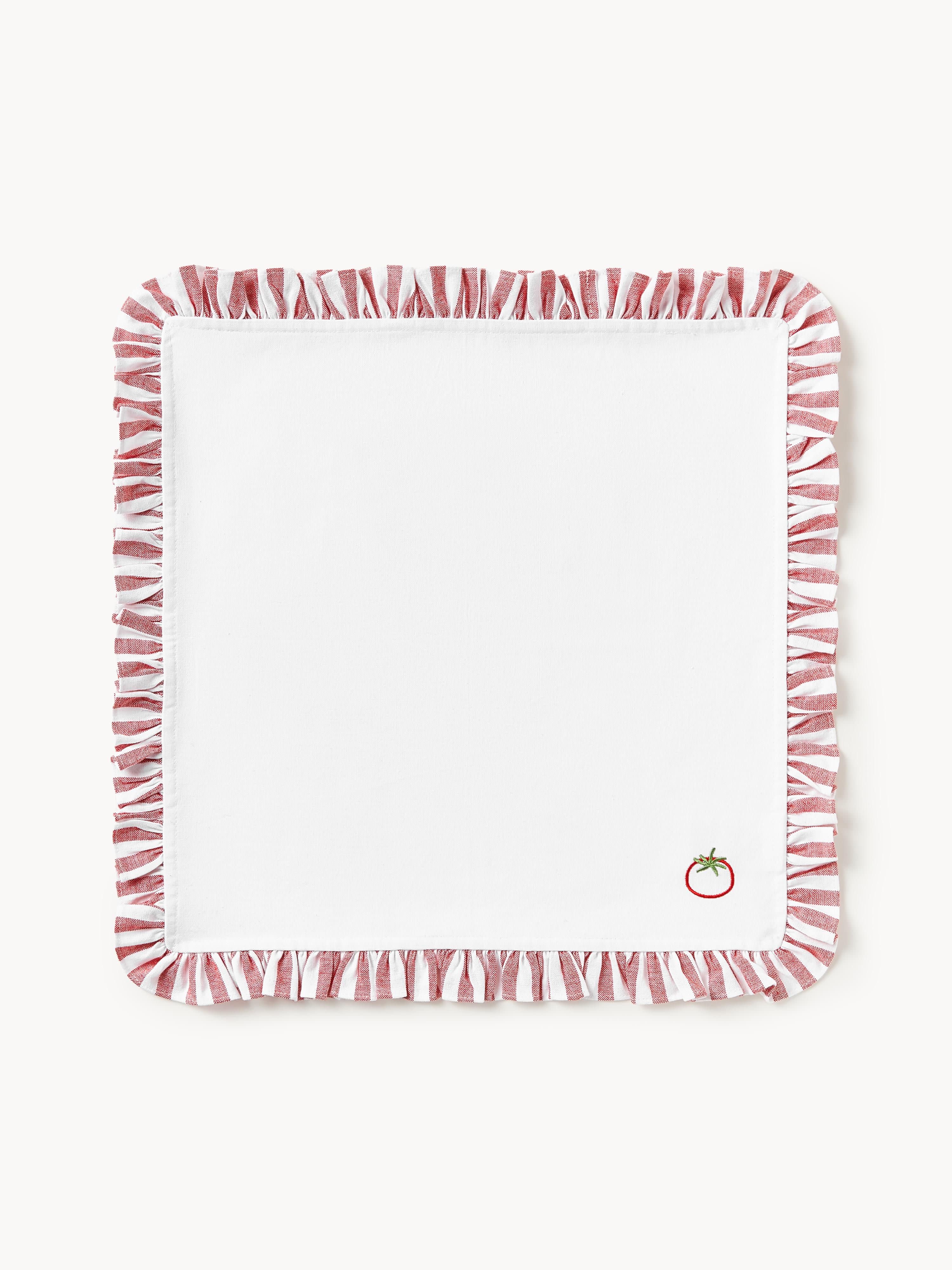 Stoffservietten Melony mit gestickten Motiven und Rüschen, 4er-Set
