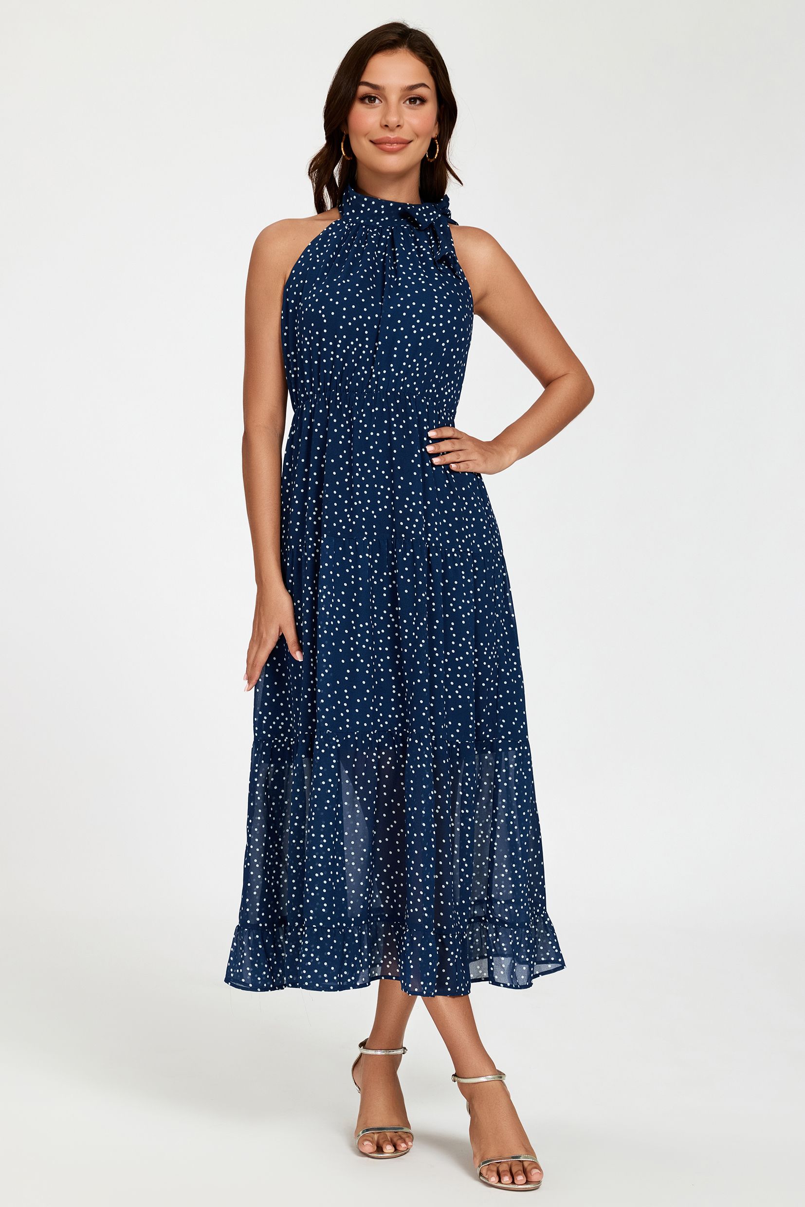 FS Collection Dot Print Halter Neck Maxi Dress In Navy
