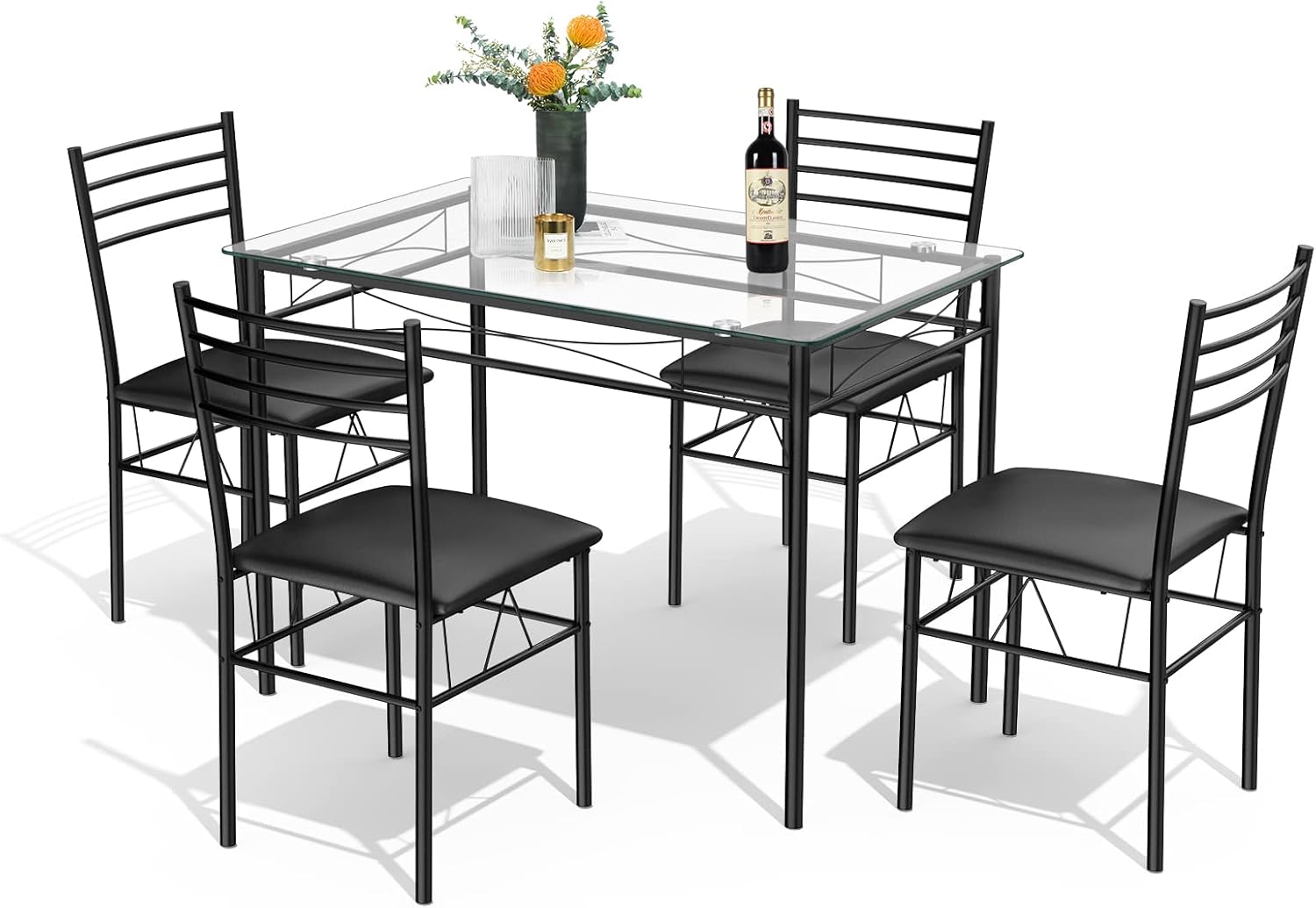 Tangkula Dining Table Set, 5 Pieces Dining Set with Tempered Glass Top Table and 4 Chairs, Kitchen Dining Room Furniture, Black