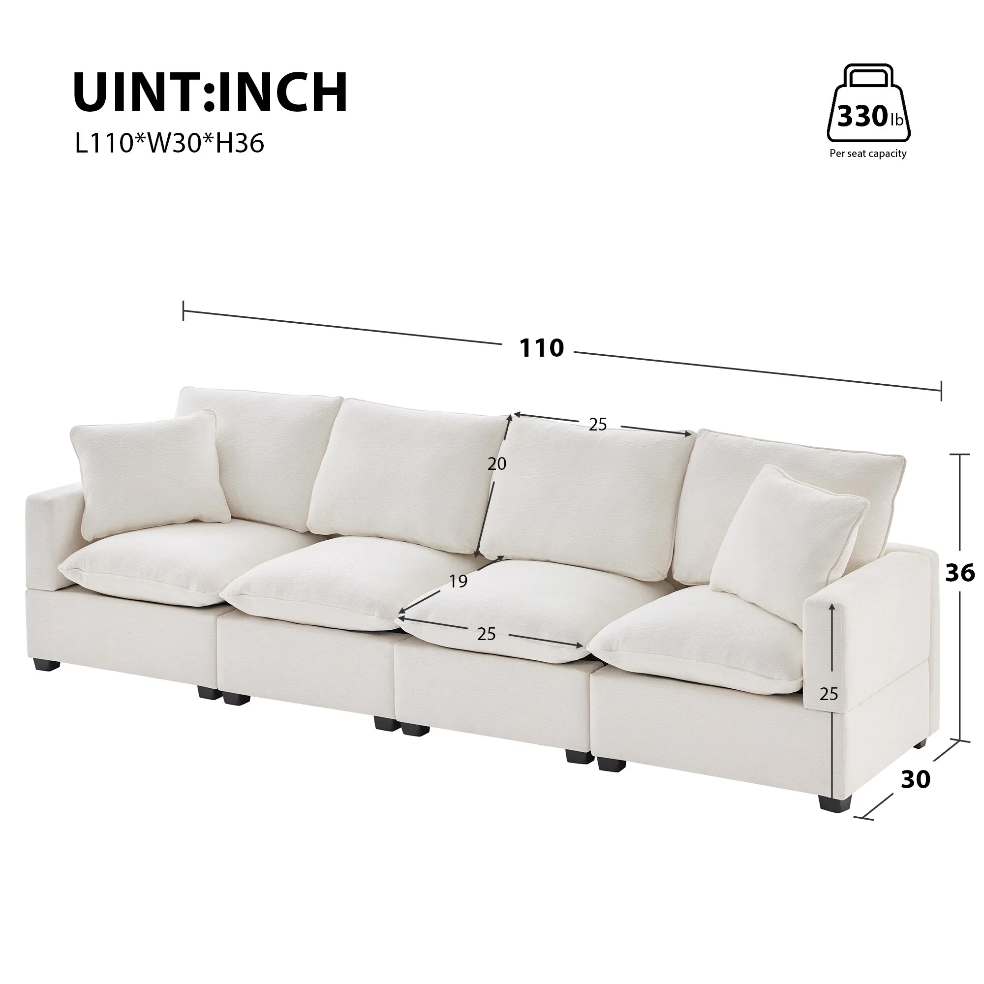 White 84 Modular Chenille 4-Seat Sectional Sofa Set with 2 Pillows and Removable Cushions, Perfect for Living Space