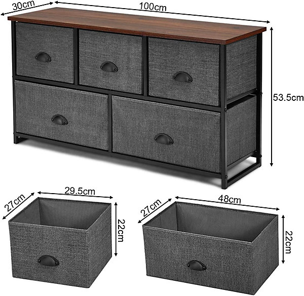 Commode à 5 Tiroirs avec Cadre en Métal Robuste Meuble de Rangement Tiroirs en Tissu Amovibles