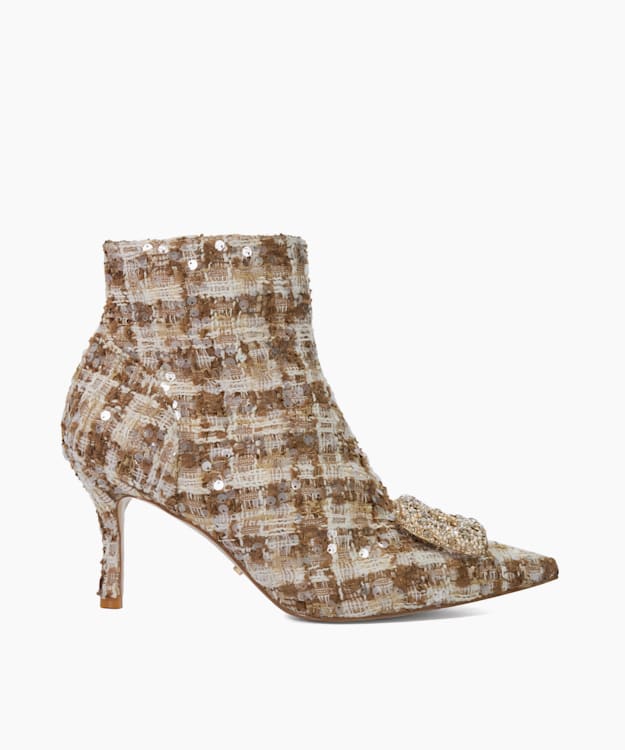 Opulance Beige - Textured Heel Diamante Buckle Ankle Boots