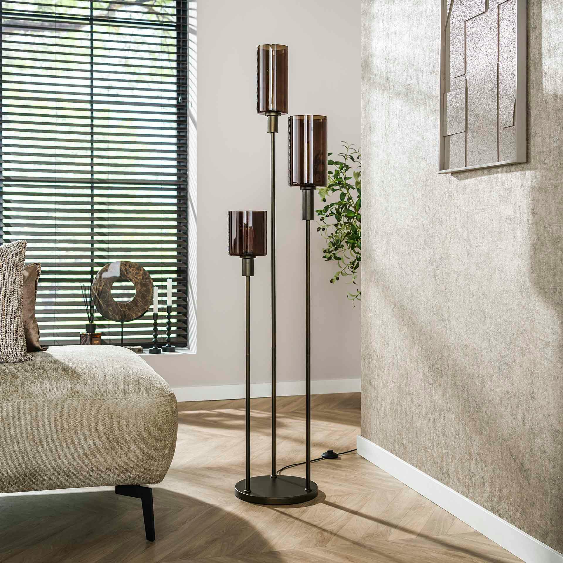 Lampadaire vintage en verre brun – 3 lampes, tiges bronze NOVA