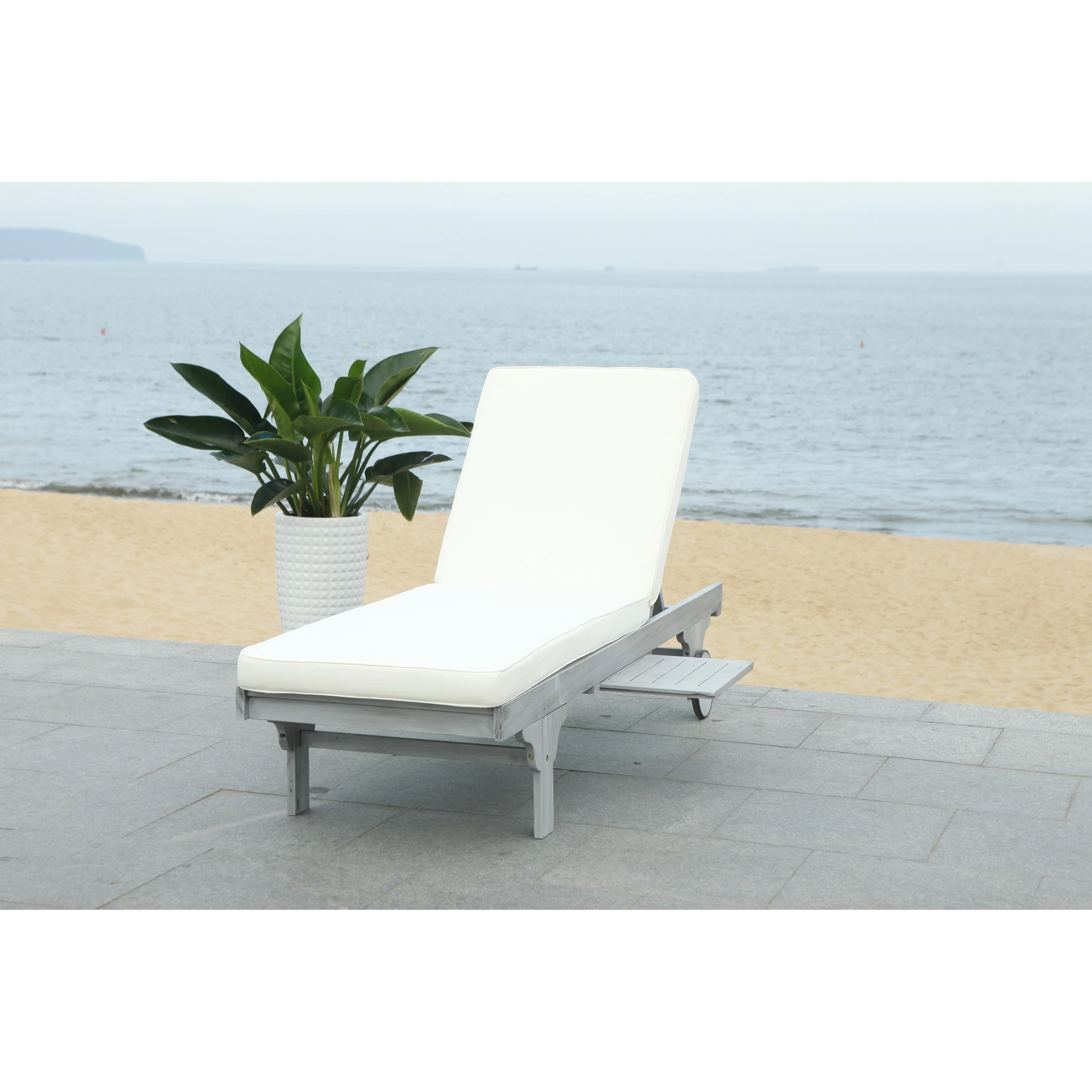 SAFAVIEH Outdoor Newport Solid Wood Chaise Lounge Chair with Side Table & Cushion - 28W x 79D x 14H