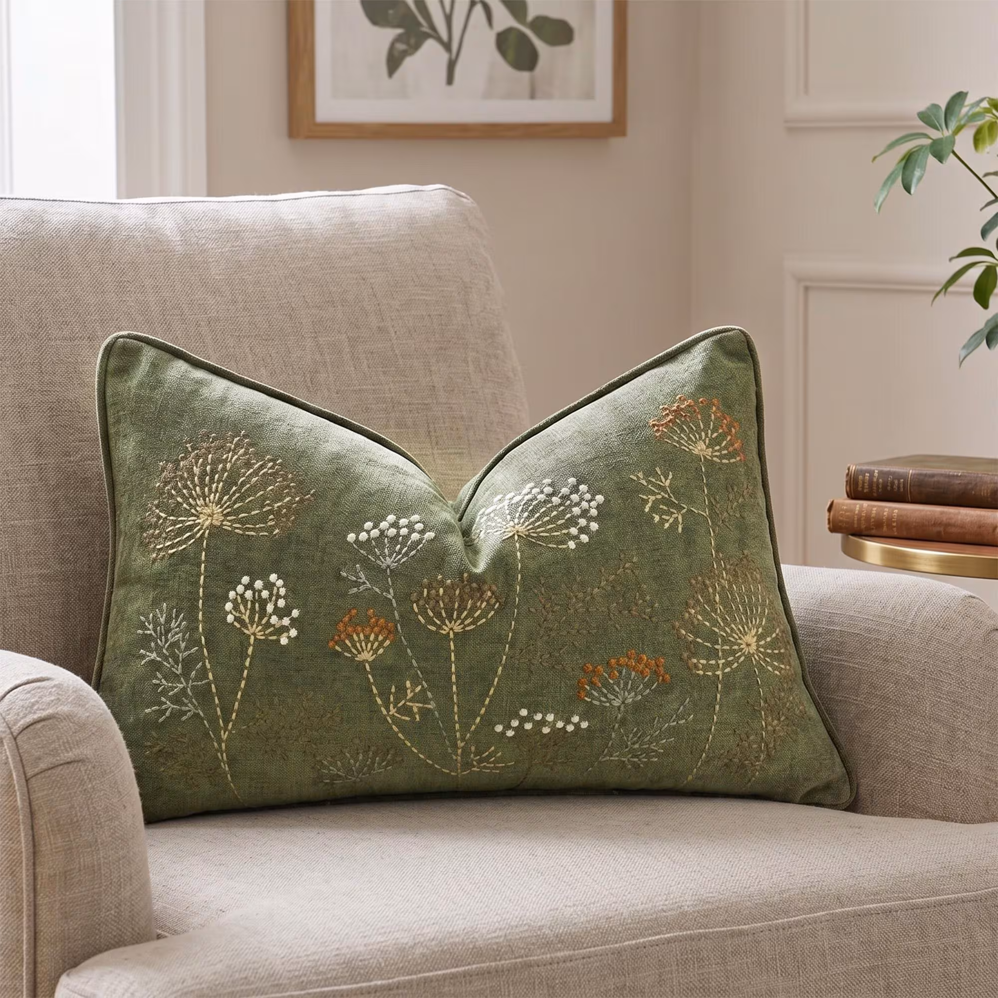Sage Green Pillow Cover, Wildflower Embroidery Botanical Cushion Case, Lumbar Nature Inspired Home Decor