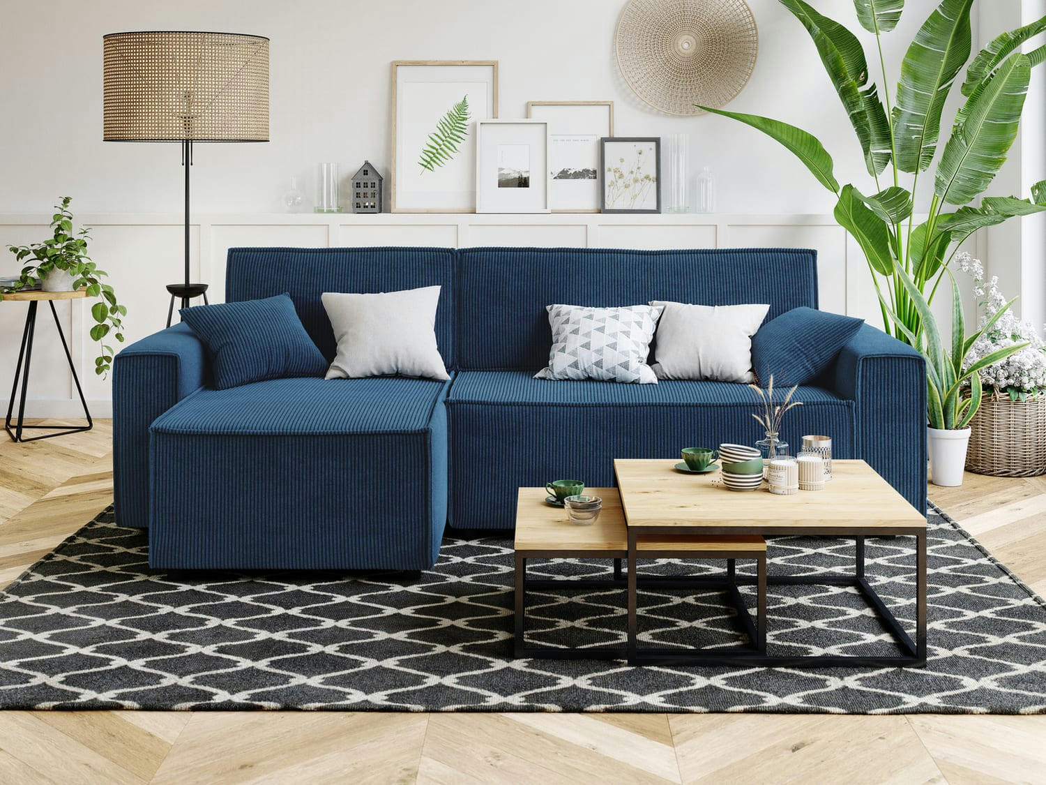 MIRA - Canapé d'angle convertible en velours côtelé 4 places bleu cobalt