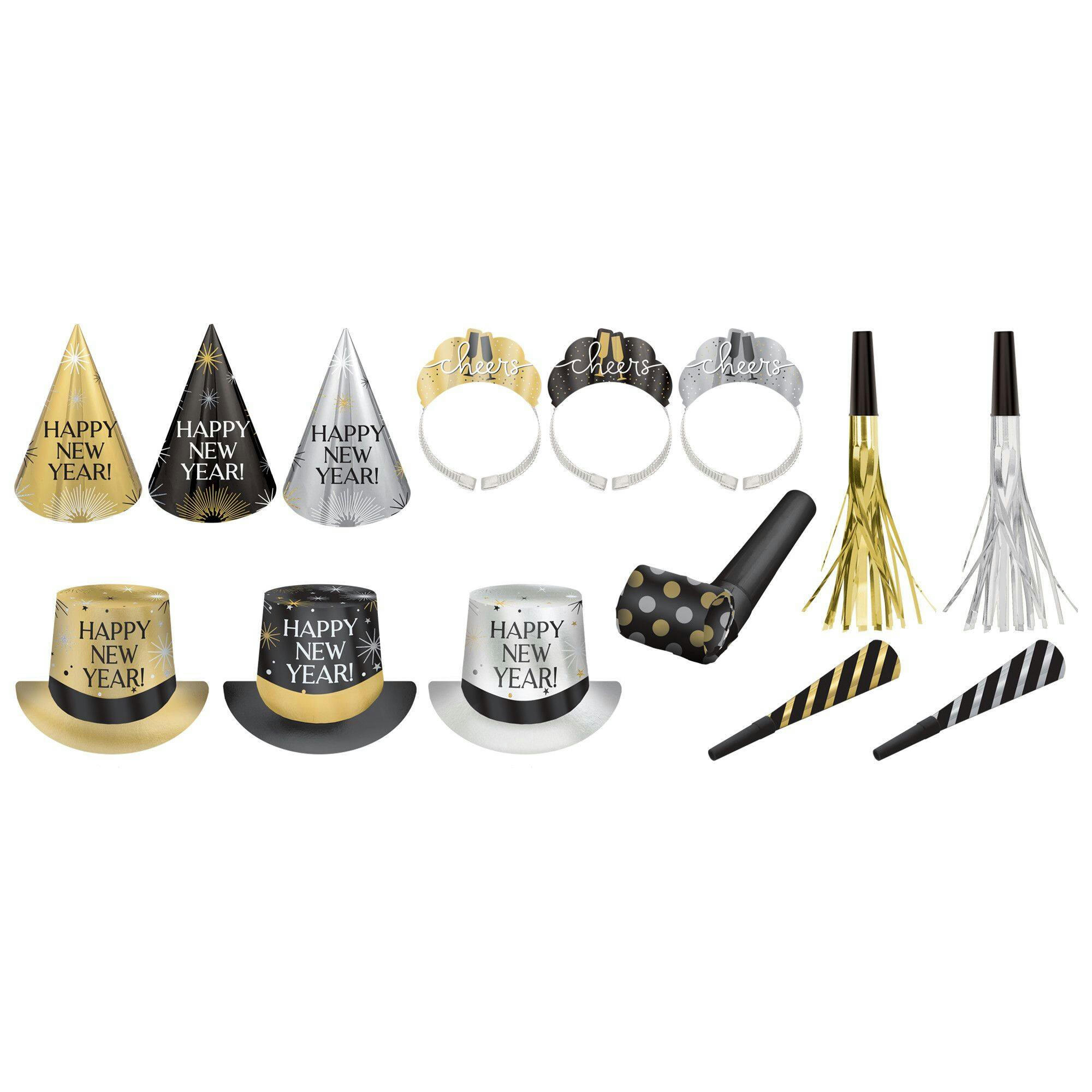 Party Kit with Hats, Tiaras, Horns, Blowouts, Squawkers, Black/Gold/Silver, 100 Person Pack, for New Year's Eve