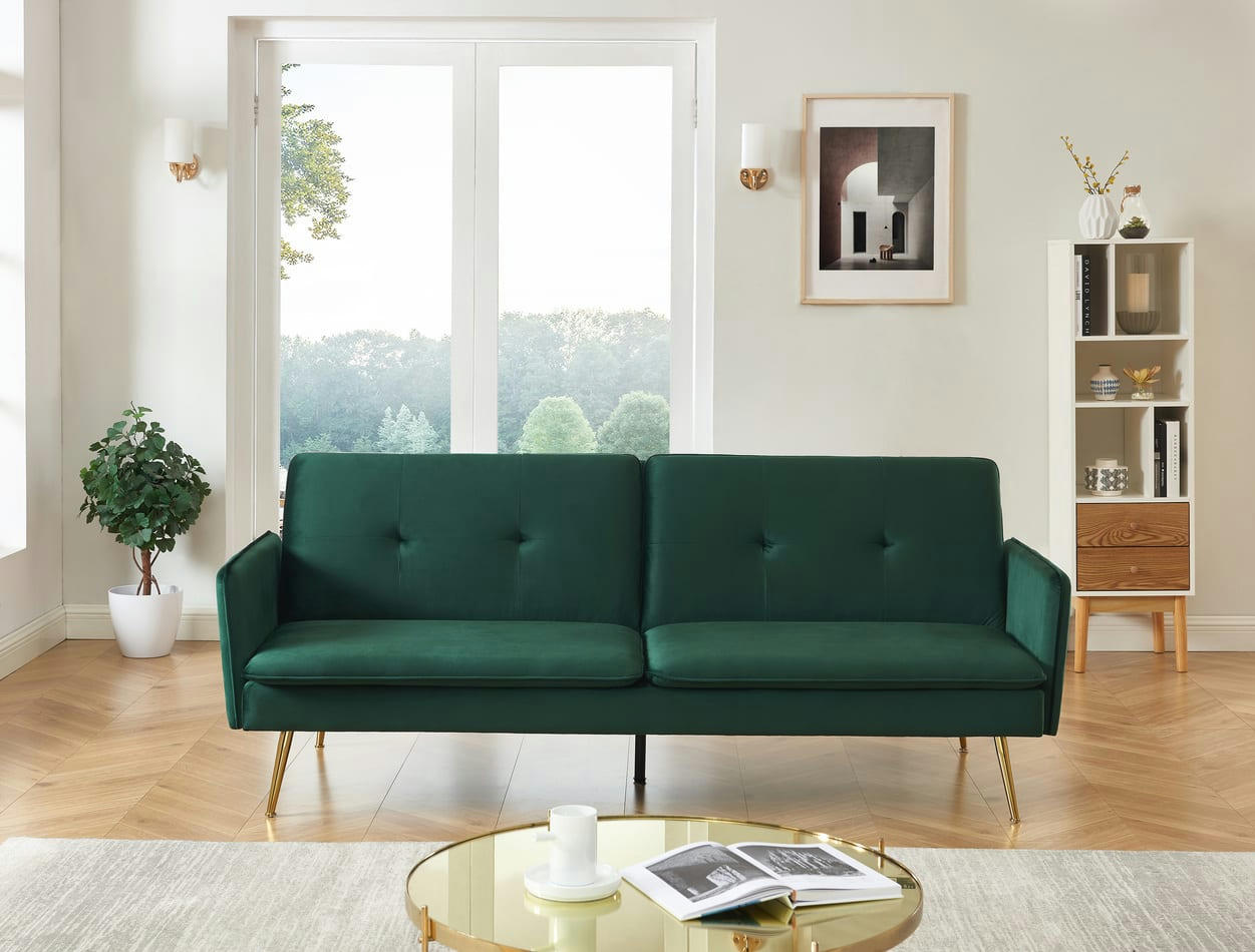 ADAM - Canapé droit convertible en velours 3 places vert foncé