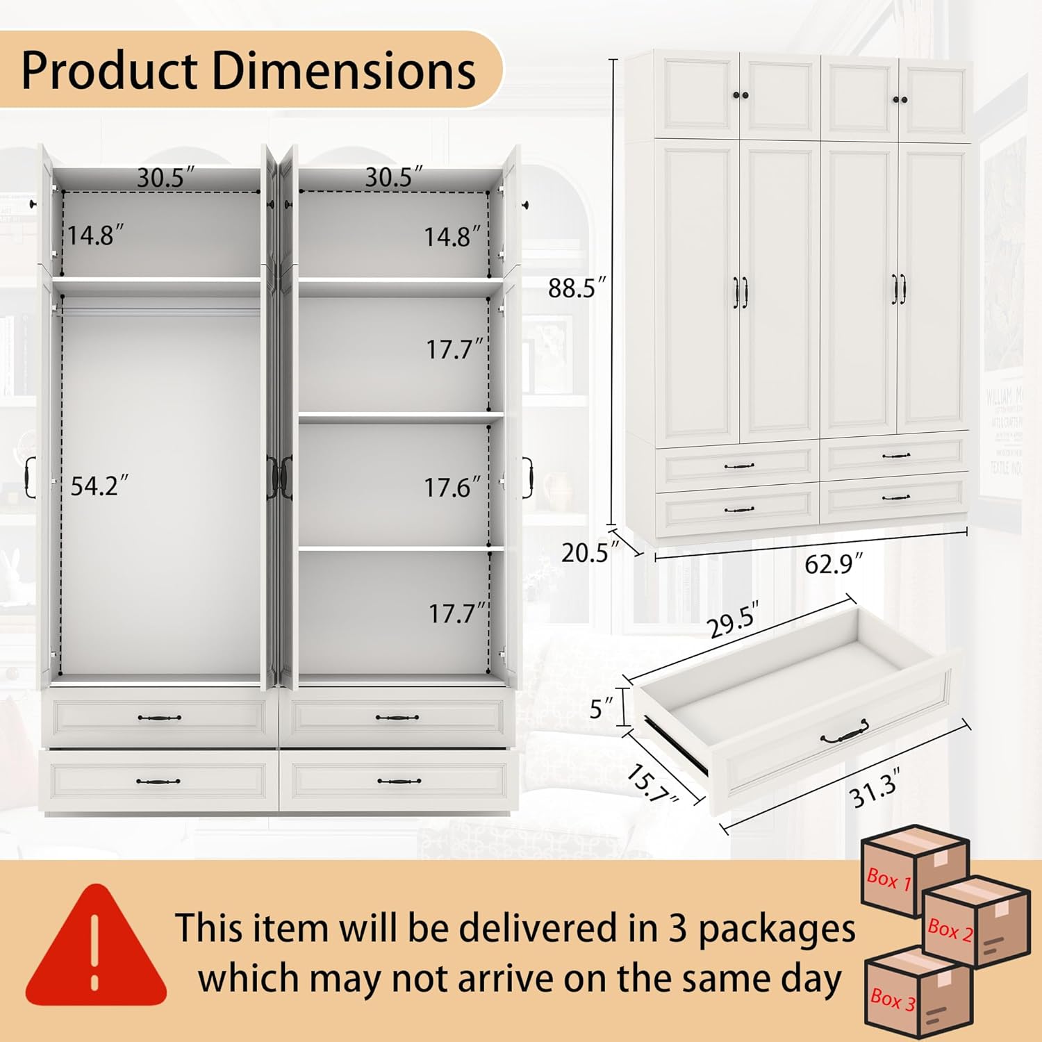 White Armoire Wardrobe Closet with Drawers: Bedroom Armoires with Hanging Rod, Wooden Closet Cabinet for Hanging Clothes, Tall Wardrobes Closets with Doors and Shelves (63)