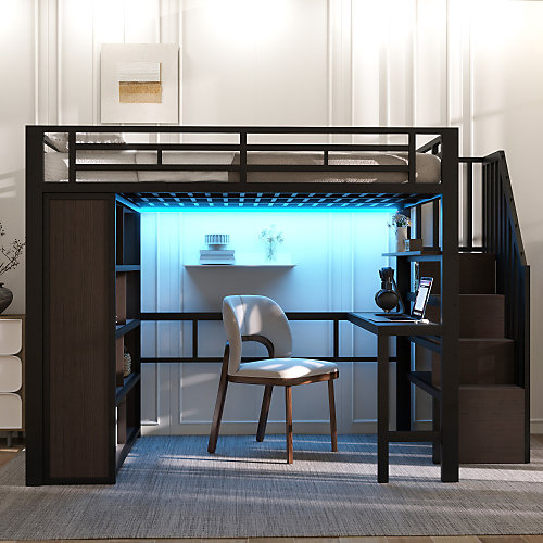 Lit mezzanine 140x200cm - structure en fer - bureau - rangements - LED - escalier - noir (matelas non inclus)