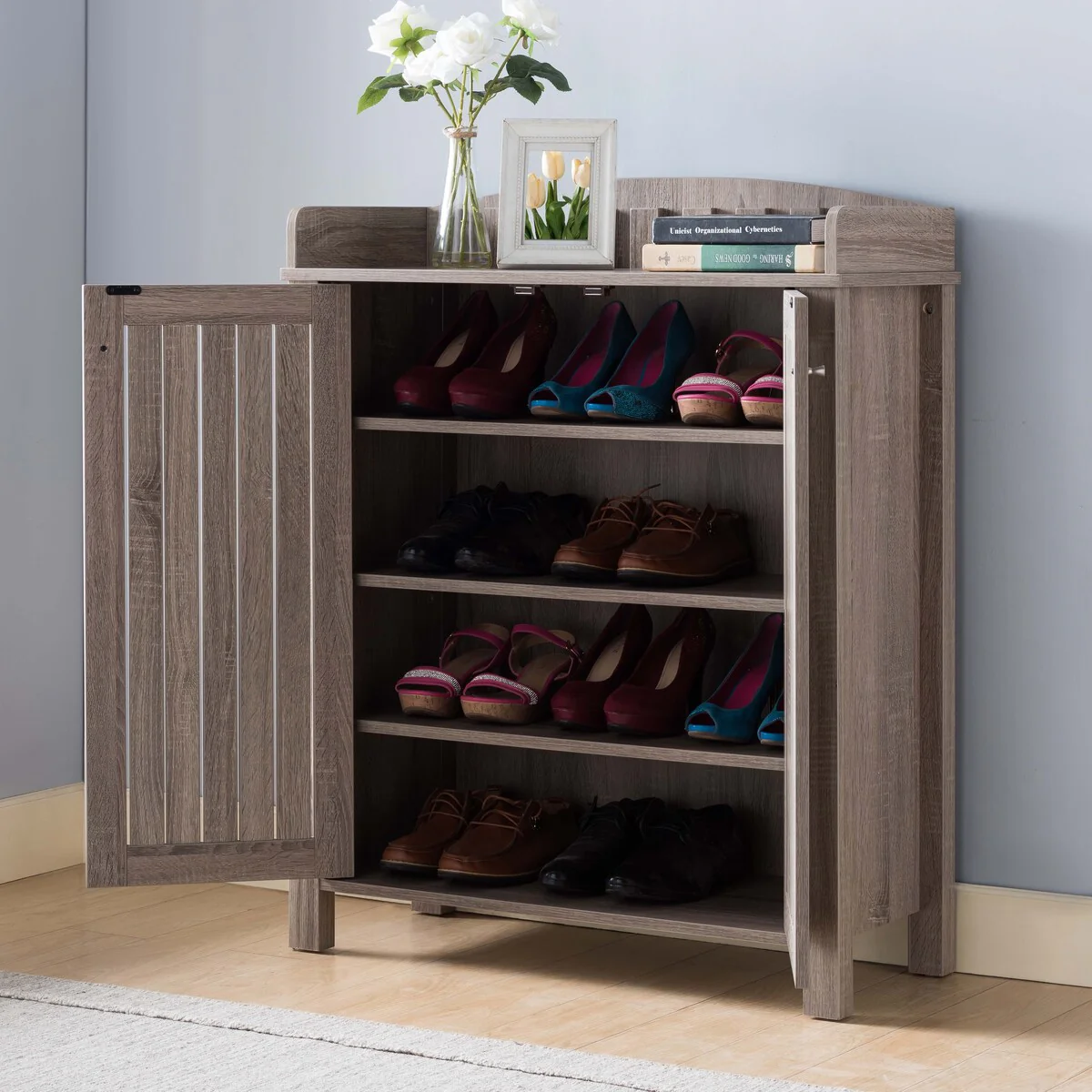 Organizing Two-Door Shoe Cabinet with Four Storage Shelves, fits 12 Pairs of Shoes in Dark Taupe