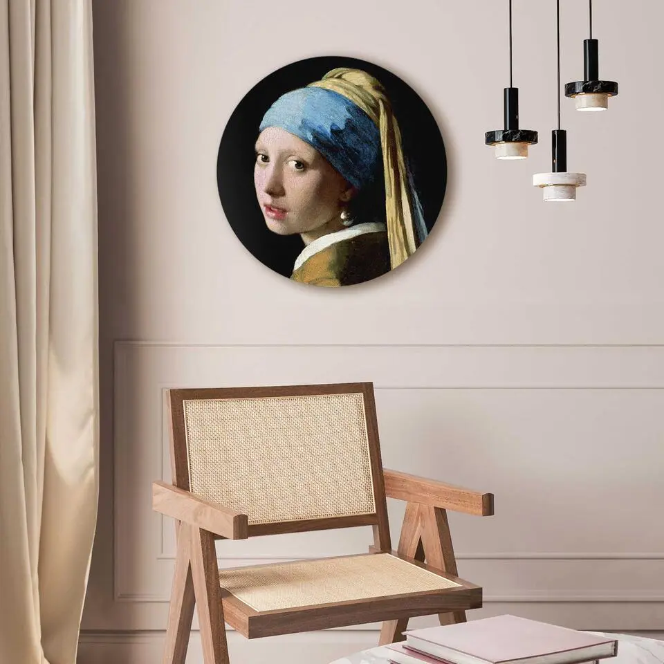 Glasschilderij Vermeer - Meisje met de Parel - &Oslash; 50 - Blauw