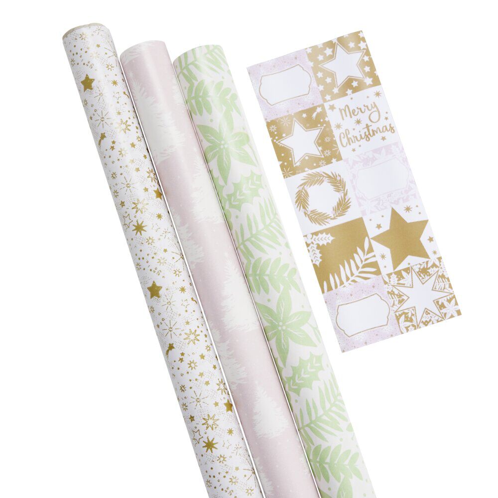 Papier cadeau No&euml;l rouleau x3 avec 20 étiquettes autocollantes dorées