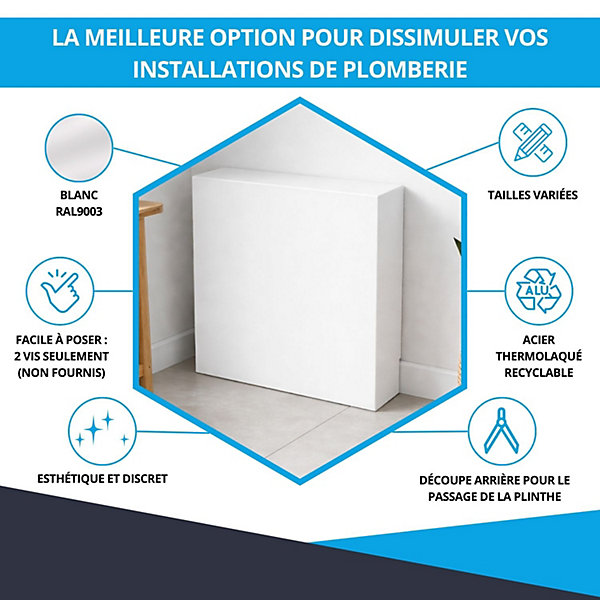 Cache nourrice plomberie ATOLE en acier Blanc - Largeur fixe - Taille 4 : 640 x 450 x 150 mm