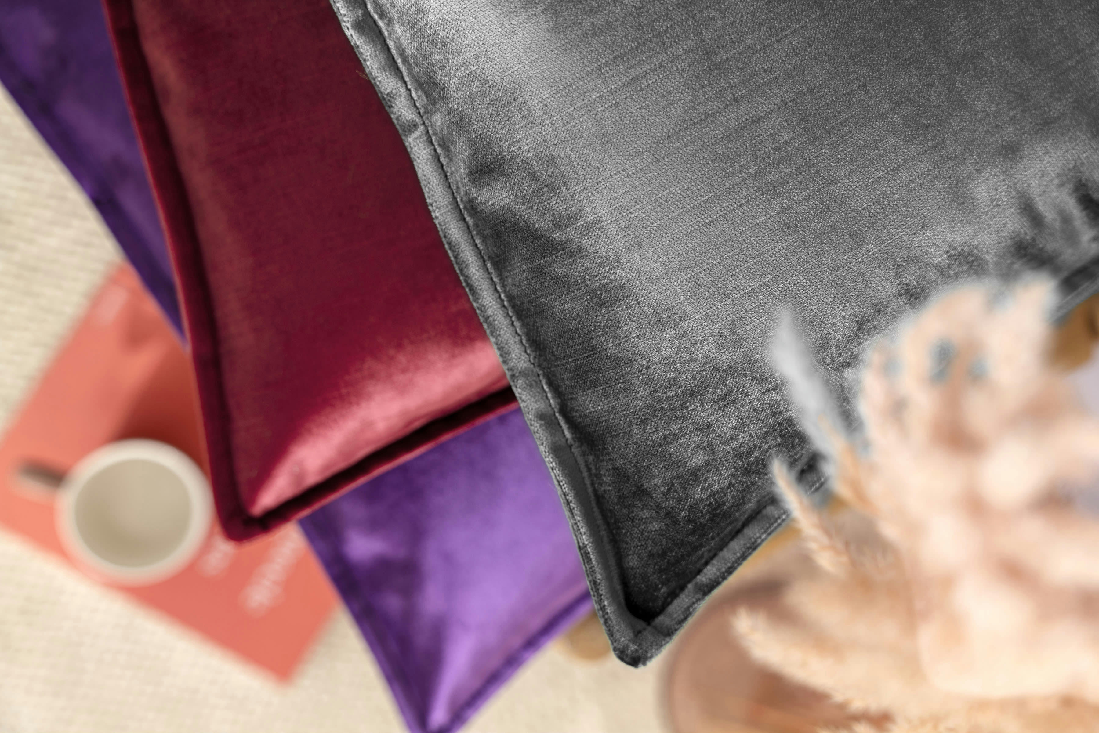 SHINY - Housses de coussin velours avec volant piqué gris-Lot de 2-30x50